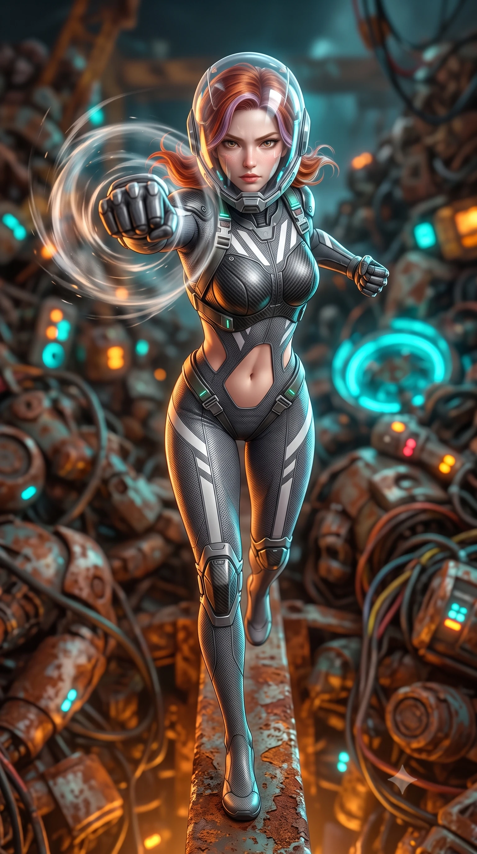 score_9, masterpiece, best quality, ultra-detailed, high-budget anime keyframe, semi-realistic 3D game render, editorial fashion photography, tasteful artistic composition, Caucasian woman. close-up cowboy shot from the waist and thighs up, the character dominates the composition, filling the frame with her large presence. thrusting a high-speed kinetic punch toward the camera, a visible conical shockwave distortion wrapping around her armored forearm while stepping along a narrow rusted crane beam suspended above the metal graveyard with supreme supermodel balance. The composition keeps background elements in soft focus with creamy bokeh. mountains of rusted android parts and blinking indicator lights blurred into rich amber, turquoise, and rust bokeh. She has an exceptionally elegant, slender, and willowy female figure with an ultra-slim waist, a gracefully sculpted slender torso, toned flat midriff, and a refined slim silhouette. sharp v-shaped jawline, high-bridge nose, intricate jewel-like eyes with depth, thick eyelashes, glossy lips with a natural sheen, fierce and resolute heroine expression, flawlessly proportioned anatomical accuracy, strict slender model proportions, natural body alignment, perfectly sculpted long slender limbs, ultra-slim waistline, clean dynamic posture without body distortion. wearing a crystal-clear transparent armored riot-visor helmet showing her entire beautiful face and determined expression with pristine clarity, paired with a form-contouring high-mobility battle-suit featuring sculpted carbon chest plating, diagonal midriff ventilation cutouts, and kinetic knee vambraces in storm-grey carbon mesh with high-contrast white hazard stripes, tailored from flexible second-skin ballistic carbon-mesh adhering flawlessly to her athletic build, reinforced by a heavy-duty titanium tactical harness and glowing micro-energy status straps, the liquid-tight tailored fabric emphasizing every curve of her tall, slender model proportions and sculptured silhouette during dynamic movement. bathed in atmospheric amber emergency lighting and pulsing cyan sonar crown glow. rich saturated anime colors with glowing neon highlights, detailed shading with soft gradients, rich glossy textures, high-contrast stereoscopic depth, volumetric dynamic lighting, master piece, 9:16 ratio