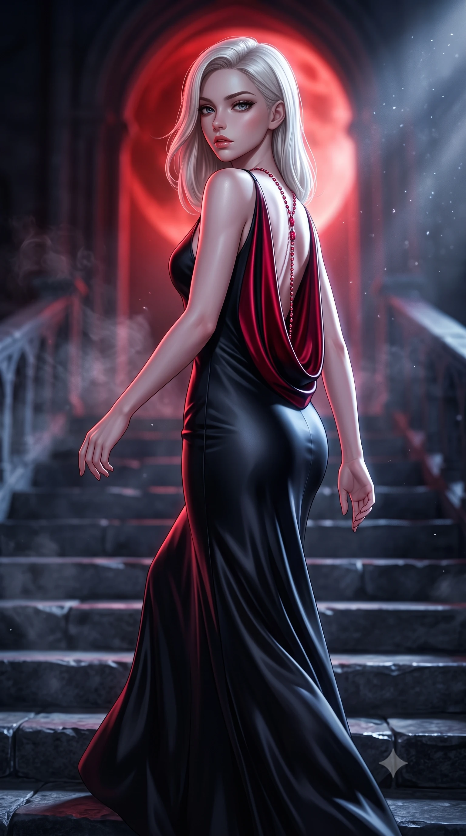 score_9, masterpiece, best quality, ultra-detailed, high-budget anime keyframe, semi-realistic 3D game render, editorial fashion photography, tasteful artistic composition, Caucasian woman. close-up cowboy shot from the waist and thighs up, the character dominates the composition, filling the frame with her large presence. leaning back with relaxed seductive grace, her sculpted collarbones highlighted by light, casting smoldering bedroom-eyes directly into the lens while descending the cold cathedral steps with fluid supermodel momentum, the night wind fluttering her dark drapery. The composition keeps background elements in soft focus with creamy bokeh. drifting incense smoke and lunar light rays scattering ethereal radiant motes across the stone flags. She has an exceptionally elegant, slender, and willowy female figure with an ultra-slim waist, a gracefully sculpted slender torso, toned flat midriff, and a refined slim silhouette. sharp v-shaped jawline, high-bridge nose, intricate jewel-like eyes with depth, thick eyelashes, glossy parted lips with a natural sheen, intensely captivating and seductive expression, flawlessly proportioned anatomical accuracy, strict slender model proportions, natural body alignment, perfectly sculpted long slender limbs, ultra-slim waistline, clean dynamic posture without body distortion. wearing a liquid black silk jersey slip gown descending to the waistline in a deep draped cowl back in dramatic crimson and polished obsidian, tailored from ultra-smooth duchess satin with a pearlescent sheen, accented with a glittering ruby back chain tracing her bare spine, the liquid-tight tailored fabric emphasizing every curve of her tall, slender model proportions and sculptured silhouette during dynamic movement. bathed in surreal blood-red lunar eclipse backlighting and cool silver ambient fill. highly saturated vibrant anime colors, detailed shading with soft gradients, rich glossy textures, high-contrast stereoscopic depth, volumetric dynamic lighting, master piece, 9:16 ratio