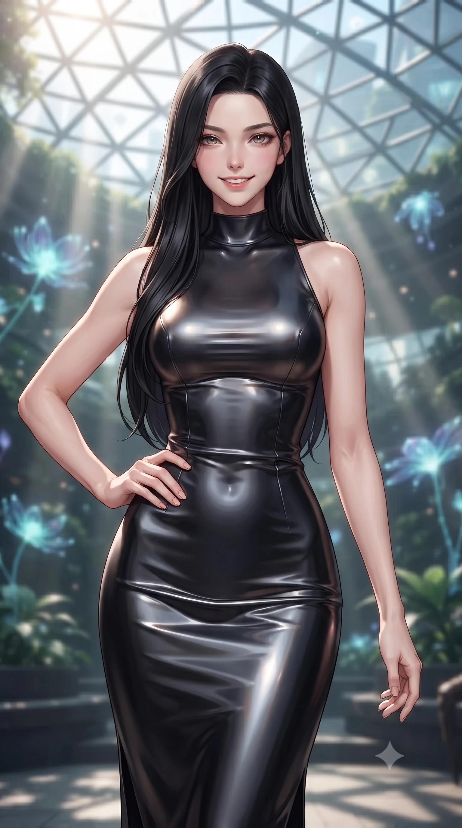 score_9, masterpiece, best quality, ultra-detailed, high-budget anime keyframe, editorial fashion photography, tasteful artistic composition, Korean woman woman. close-up cowboy shot from the waist and thighs up, the character dominates the composition, filling the frame with her large presence, background elements kept in soft focus. She has an exceptionally elegant, slender, and willowy female figure with an ultra-slim waist, a gracefully sculpted slender torso, and a refined silhouette. smiling with quiet, magnetic self-assurance directly into the camera lens, flawlessly proportioned anatomical accuracy, natural body alignment, perfectly sculpted elegant limbs, clean dynamic posture without body distortion. set against a soft-focus background of a futuristic botanical pavilion with floating hologram plants. wearing a sleek obsidian liquid silk midi dress with a tight tailored waistline. bathed in dappled morning sunlight filtering through glass roof grid structures. ultra-reflective glossy finish, specular highlights, metallic sheen, high-contrast stereoscopic depth, volumetric dynamic lighting, 2k, ultra detail, master piece, 9:16 ratio