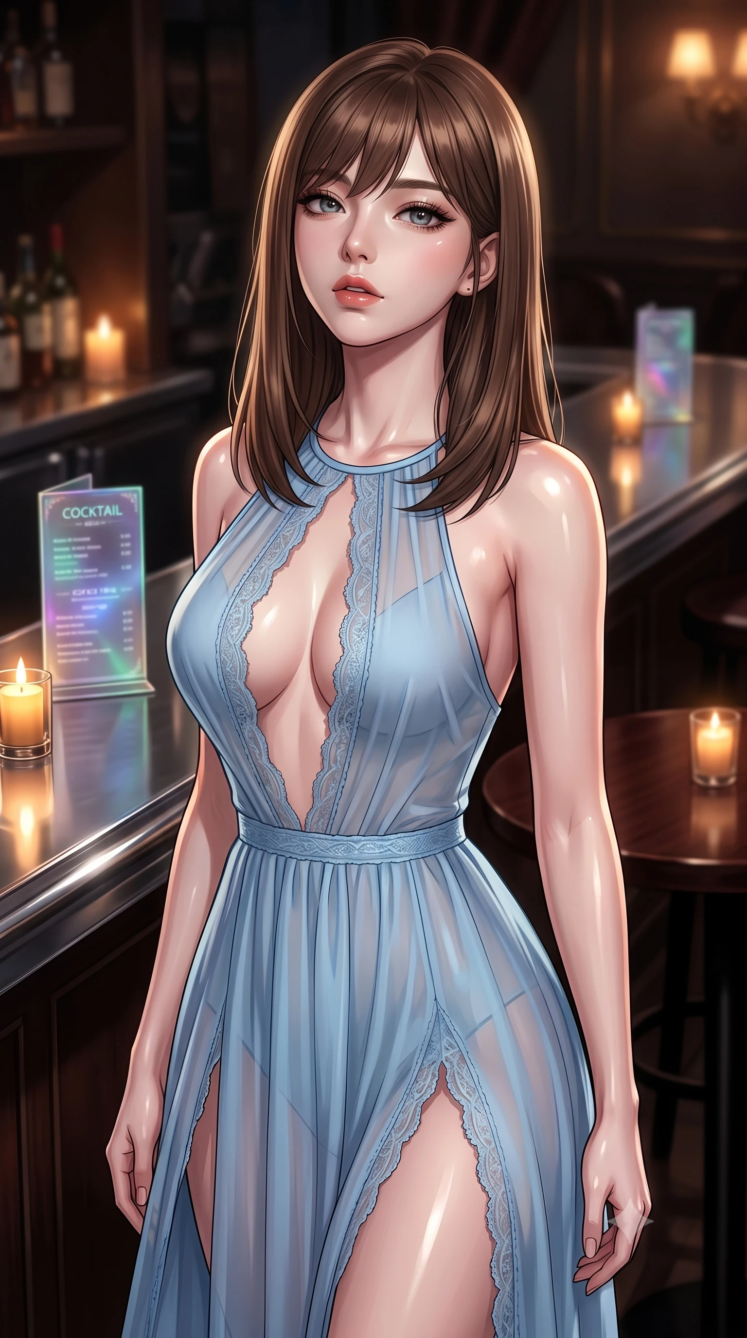 score_9, masterpiece, best quality, ultra-detailed, high-budget anime keyframe, editorial fashion photography, tasteful artistic composition, Korean woman. close-up cowboy shot from the waist and thighs up, the character dominates the composition, filling the frame with her large presence, background elements kept in soft focus. tilting her chin up slightly with lips parted in a composed, provocative expression the background shows a soft-focus a hidden speakeasy bar with holographic cocktail menus and dark mahogany tables. She has an exceptionally elegant, slender, and willowy female figure with an ultra-slim waist, a gracefully sculpted slender torso, and a refined silhouette. sharp v-shaped jawline, high-bridge nose, intricate jewel-like eyes with depth, thick eyelashes, glossy lips with a natural sheen. wearing a tailored sheer chiffon midi dress in baby blue, featuring a plunging keyhole cutout and lace trim. warm amber candlelight reflecting off the chrome bar surfaces. ultra-reflective glossy finish, specular highlights, metallic sheen, high-contrast stereoscopic depth, volumetric dynamic lighting, 2k, ultra detail, master piece, 9:16 ratio