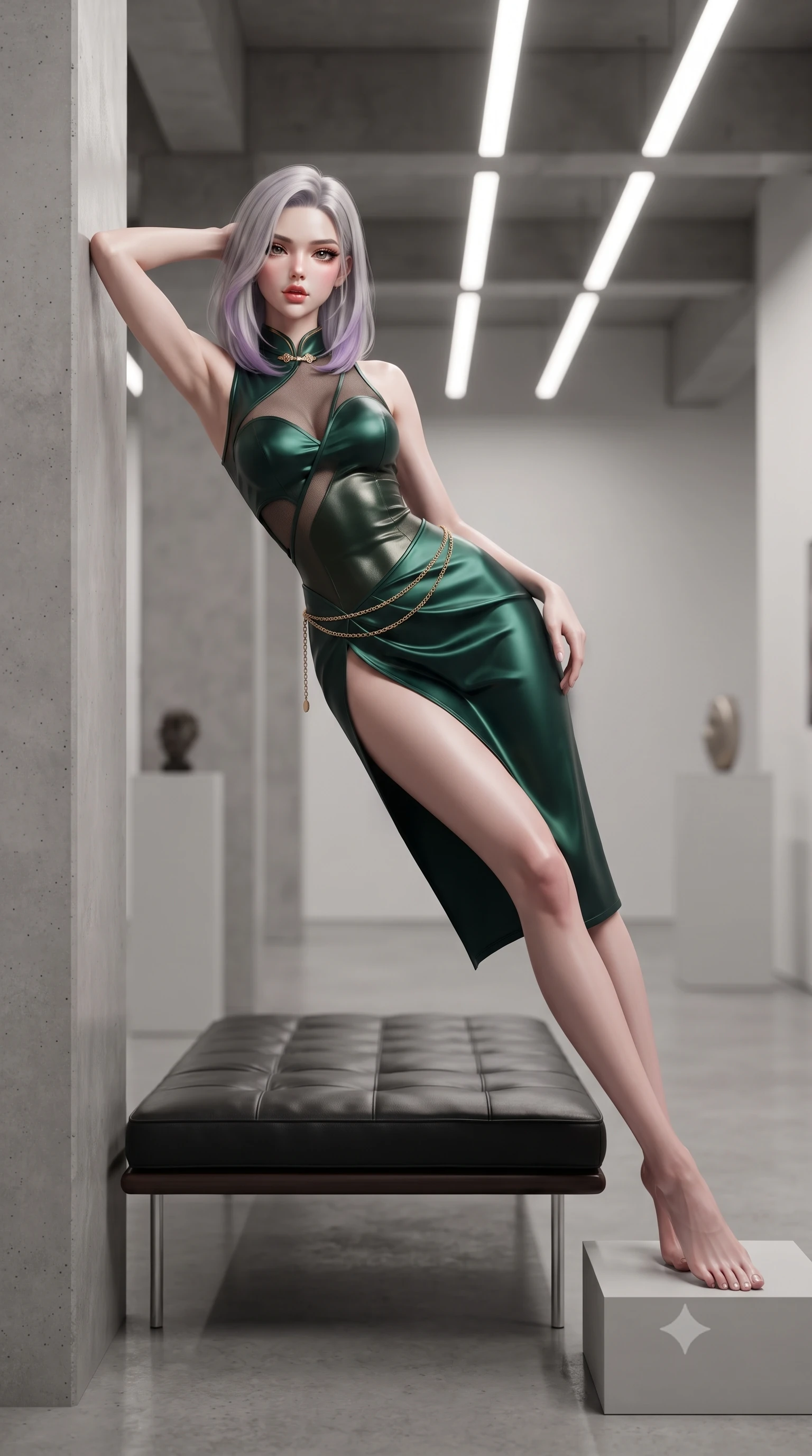 score_9, masterpiece, best quality, ultra-detailed, high-budget anime keyframe, editorial fashion photography, tasteful artistic composition, Caucasian woman. low angle full-body shot from head to toe showing her feet, filling the entire 9:16 vertical frame with her statuesque presence, stretching her vertical silhouette. leaning deep against the structural architecture with hips cocked in an unapologetically bold, seductive high-fashion stance while reclining on a low-slung minimalist leather bench in the airy gallery, her curvaceous hips and willowy limbs creating an avant-garde geometric silhouette. The composition keeps background elements in soft focus with creamy bokeh. minimalist art pedestals and recessed architectural linear ceiling lights softened in Scandinavian shallow focus. She has an exceptionally tall and slender model-like 8.5-heads proportion, an ultra-slim waist, a flat toned midriff, narrow delicate ribcage, and beautifully sculpted feminine hips creating a graceful, slim hourglass silhouette without any bulky heaviness, with impossibly long slender legs. sharp v-shaped jawline, high-bridge nose, intricate jewel-like eyes with depth, thick eyelashes, glossy parted lips with a natural sheen, intensely captivating and seductive bedroom-eyes expression, flawlessly proportioned anatomical accuracy, strict slender model proportions, natural body alignment, perfectly sculpted long slender limbs, ultra-slim waistline, clean dynamic posture without body distortion. wearing a wet-look silk fusion wrap dress with asymmetrical sheer mesh cutouts and high Mandarin collar in deep emerald green satin and gold hardware, formed from supple second-skin lambskin leather with specular sheen, accented with a delicate gold chain belt resting loosely on her curvy hips, the second-skin form-contouring cut accentuating her sculpted flat midriff, narrow delicate ribcage, and gracefully curvy hips with supermodel precision. illuminated by crisp architectural ceiling wash lights sculpturing her sculpted cheekbones, ultra-slim waist, and curvy hips. ultra-reflective glossy finish, specular highlights, rich textural contrasts, high-contrast stereoscopic depth, volumetric dynamic lighting, 2k, ultra detail, master piece, 9:16 ratio
