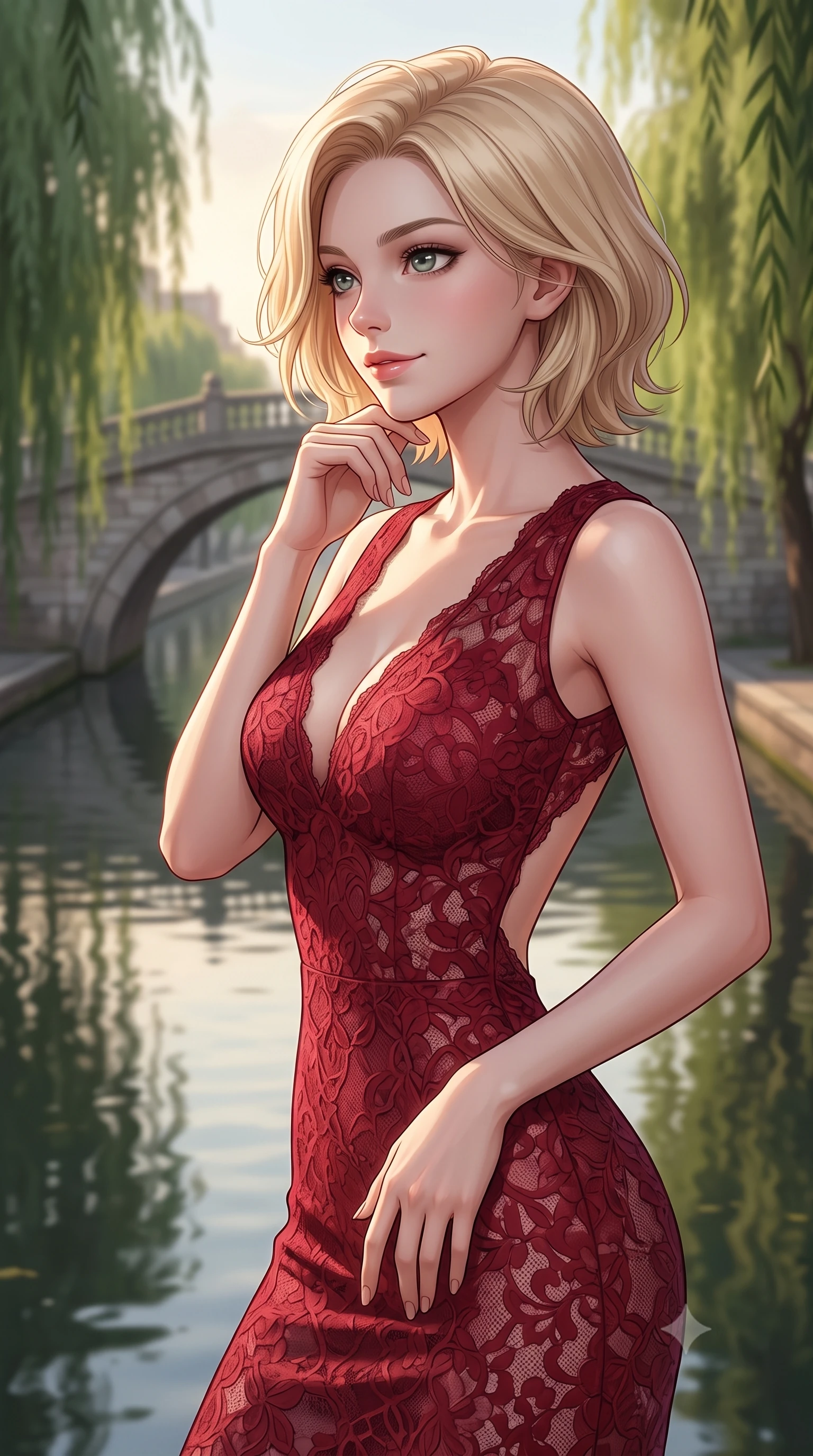 score_9, masterpiece, best quality, ultra-detailed, high-budget anime keyframe, editorial fashion photography, tasteful artistic composition, Caucasian woman woman. close-up cowboy shot from the waist and thighs up, the character dominates the composition, filling the frame with her large presence, background elements kept in soft focus. resting her chin on her hand, looking out at the beautiful scenery with a soft smile the background shows a soft-focus a classic stone arch bridge over a quiet city canal, with green weeping willows lining the banks. She has an exceptionally elegant, slender, and willowy female figure with an ultra-slim waist, a gracefully sculpted slender torso, and a refined silhouette. sharp v-shaped jawline, high-bridge nose, intricate jewel-like eyes with depth, thick eyelashes, glossy lips with a natural sheen. wearing a tailored semi-opaque lace dress in crimson red, featuring a plunging V-neckline and open back. late afternoon sun casting long shadows of the willows on the water. 2k, ultra detail, master piece, 9:16 ratio
