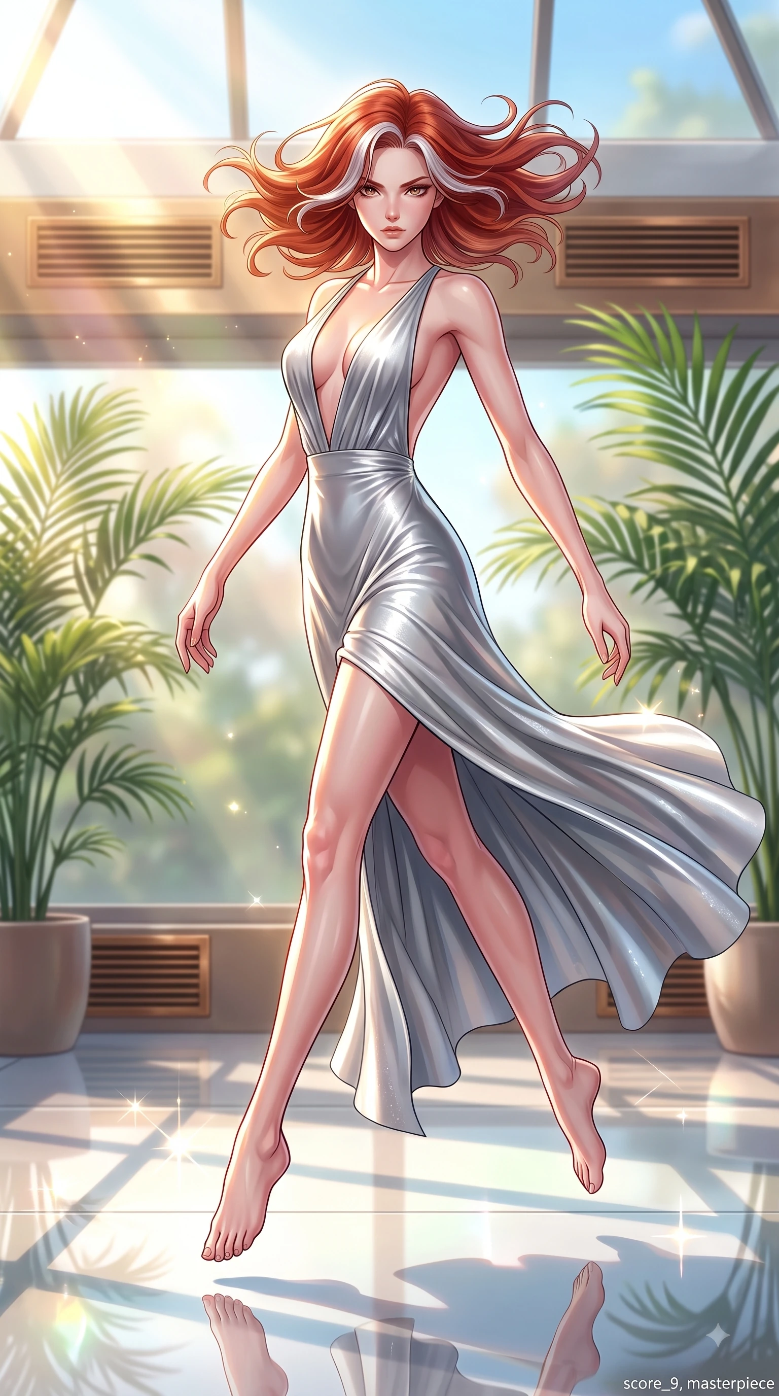 score_9, masterpiece, best quality, ultra-detailed, high-budget anime keyframe, editorial fashion photography, tasteful artistic composition, Caucasian woman woman. low angle full-body shot from head to toe showing her feet, filling the entire 9:16 vertical frame with her statuesque presence, stretching her vertical silhouette. She has an absolutely perfect, statuesque 8.5-heads proportion, an exceptionally tall and slender model-like female figure with impossibly long slender legs and an ultra-slim waist. leaping inside the glowing space with athletic poise, her hair swirling in a dynamic wind vortex, flawlessly proportioned anatomical accuracy, natural body alignment, perfectly sculpted elegant limbs, clean dynamic posture without body distortion. set against a soft-focus background of a luxury sunroom filled with potted palms and bronze vents. wearing a deep plunging V-neck maxi dress in liquid silver jersey with a daring open-back. bathed in bright morning sunbeams creating sparkling glints on polished floors. highly saturated vibrant anime colors, detailed shading with soft gradients, rich glossy textures, high-contrast stereoscopic depth, volumetric dynamic lighting, master piece, 9:16 ratio