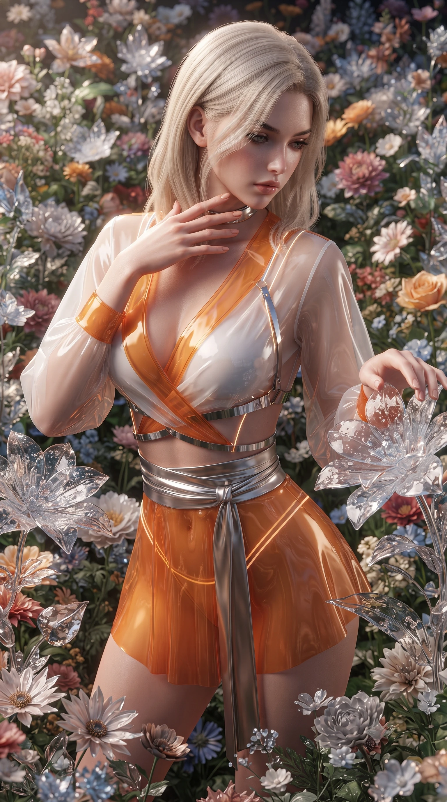 score_9, masterpiece, best quality, ultra-detailed, high-budget anime keyframe, editorial fashion photography, tasteful artistic composition, Caucasian woman. close-up cowboy shot from the waist and thighs up, the character dominates the composition, filling the frame with her large presence. resting her fingers lightly against her throat while looking down with a smoldering, haughty yet intensely captivating glance while reaching one arm out to touch a dewy glass blossom while looking over her shoulder with seductive poise. The surrounding environment is rendered in vivid detail and crisp panoramic clarity. vibrant natural and crystalline flower textures captured with environmental sharpness. She has an exceptionally elegant, slender, and willowy female figure with an ultra-slim waist, a gracefully sculpted slender torso, toned flat midriff, and a refined slim silhouette. sharp v-shaped jawline, high-bridge nose, intricate jewel-like eyes with depth, thick eyelashes, glossy lips with a natural sheen, flawlessly proportioned anatomical accuracy, strict slender model proportions, natural body alignment, perfectly sculpted long slender limbs, ultra-slim waistline, clean dynamic posture without body distortion. wearing a shortened cyber-fusion wrap top with transparent chiffon panels, a deep crossover neckline, and a high-waisted metallic sash that accentuates her ultra-slim waist in vivid sunset amber orange and cloud white, tailored from semi-translucent cybernetic vinyl with glowing micro-filaments, reinforced by a sleek metallic chrome harness and delicate glowing micro-straps, the sleek second-skin cut tightly hugging her graceful clavicle, narrow waist, and feminine curves with athletic precision. surrounded by a pure, romantic, and breathtakingly alluring floral sanctuary atmosphere. ultra-reflective glossy finish, specular highlights, metallic sheen, high-contrast stereoscopic depth, volumetric dynamic lighting, 2k, ultra detail, master piece, 9:16 ratio