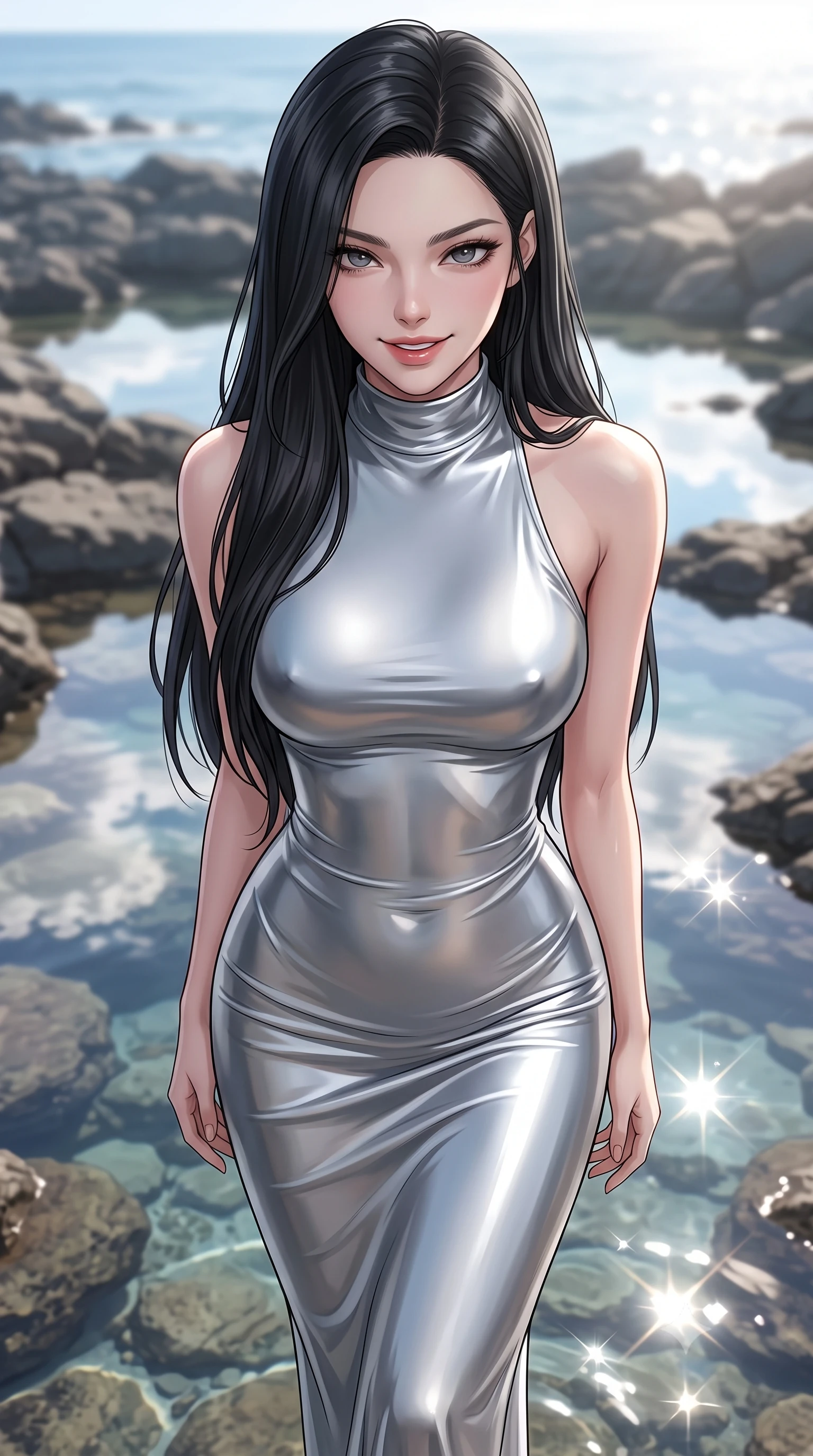 score_9, masterpiece, best quality, ultra-detailed, high-budget anime keyframe, editorial fashion photography, tasteful artistic composition, Korean woman woman. close-up cowboy shot from the waist and thighs up, the character dominates the composition, filling the frame with her large presence, background elements kept in soft focus. leaning slightly forward with a playful, teasing smile, her gaze locked onto the viewer the background shows a soft-focus a rocky coastal shoreline with clear tide pools reflecting the sky and clouds. She has an exceptionally elegant, slender, and willowy female figure with an ultra-slim waist, a gracefully sculpted slender torso, and a refined silhouette. sharp v-shaped jawline, high-bridge nose, intricate jewel-like eyes with depth, thick eyelashes, glossy lips with a natural sheen. wearing a body-hugging form-fitting high-neck maxi dress in liquid silver jersey, clinging to her slender frame. bright morning sun rays creating sparkling glints on the water pool. 2k, ultra detail, master piece, 9:16 ratio