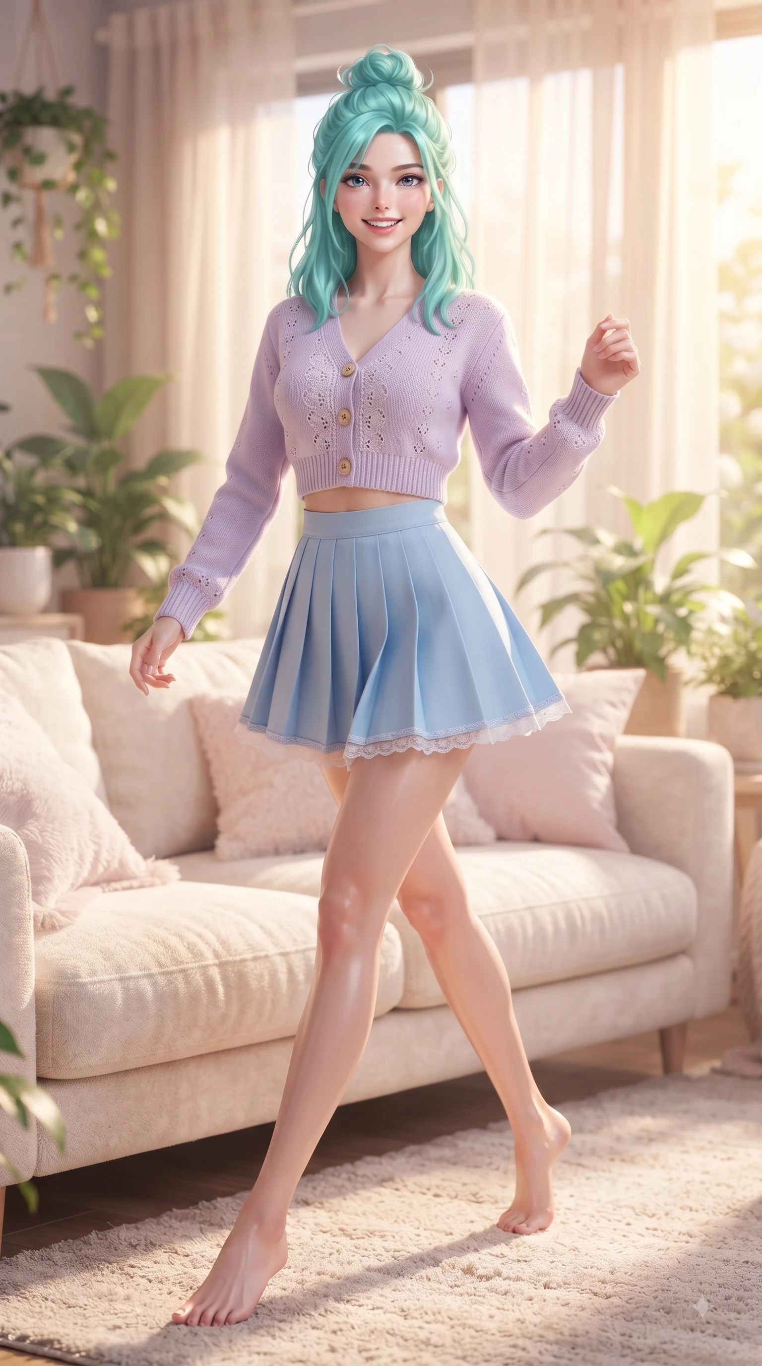 score_9, masterpiece, best quality, ultra-detailed, high-budget anime keyframe, editorial fashion photography, tasteful artistic composition, Japanese woman. low angle full-body shot from head to toe showing her feet, filling the entire 9:16 vertical frame with her statuesque presence, stretching her vertical silhouette. walking forward in a proud dynamic stride with a cheerful beaming smile, her vertical silhouette filling the frame while lounging comfortably on a soft cream sofa in a sunlit living room filled with indoor green plants. The composition keeps background elements in soft focus with dreamy bokeh. cozy pastel living room decor and soft textile textures blurred smoothly behind her. She has an absolutely perfect, statuesque 8.5-heads proportion, an exceptionally tall and slender model-like female figure with impossibly long slender legs and an ultra-slim waist. sharp v-shaped jawline, high-bridge nose, intricate jewel-like eyes with depth, thick eyelashes, glossy lips with a natural sheen, flawlessly proportioned anatomical accuracy, natural body alignment, perfectly sculpted elegant limbs, clean dynamic posture without body distortion. wearing a chic cropped pastel cardigan with a high-waisted pleated tennis skirt in soft pastel lavender and sky blue, woven with delicate eyelet lace and soft cotton, finished with neat front wooden buttons and pocket details, the relaxed yet flattering fit accentuating her naturally graceful and slender figure. bathed in soft, warm morning sunlight streaming through sheer curtains. ultra-reflective glossy finish, specular highlights, metallic sheen, high-contrast stereoscopic depth, volumetric dynamic lighting, 2k, ultra detail, master piece, 9:16 ratio