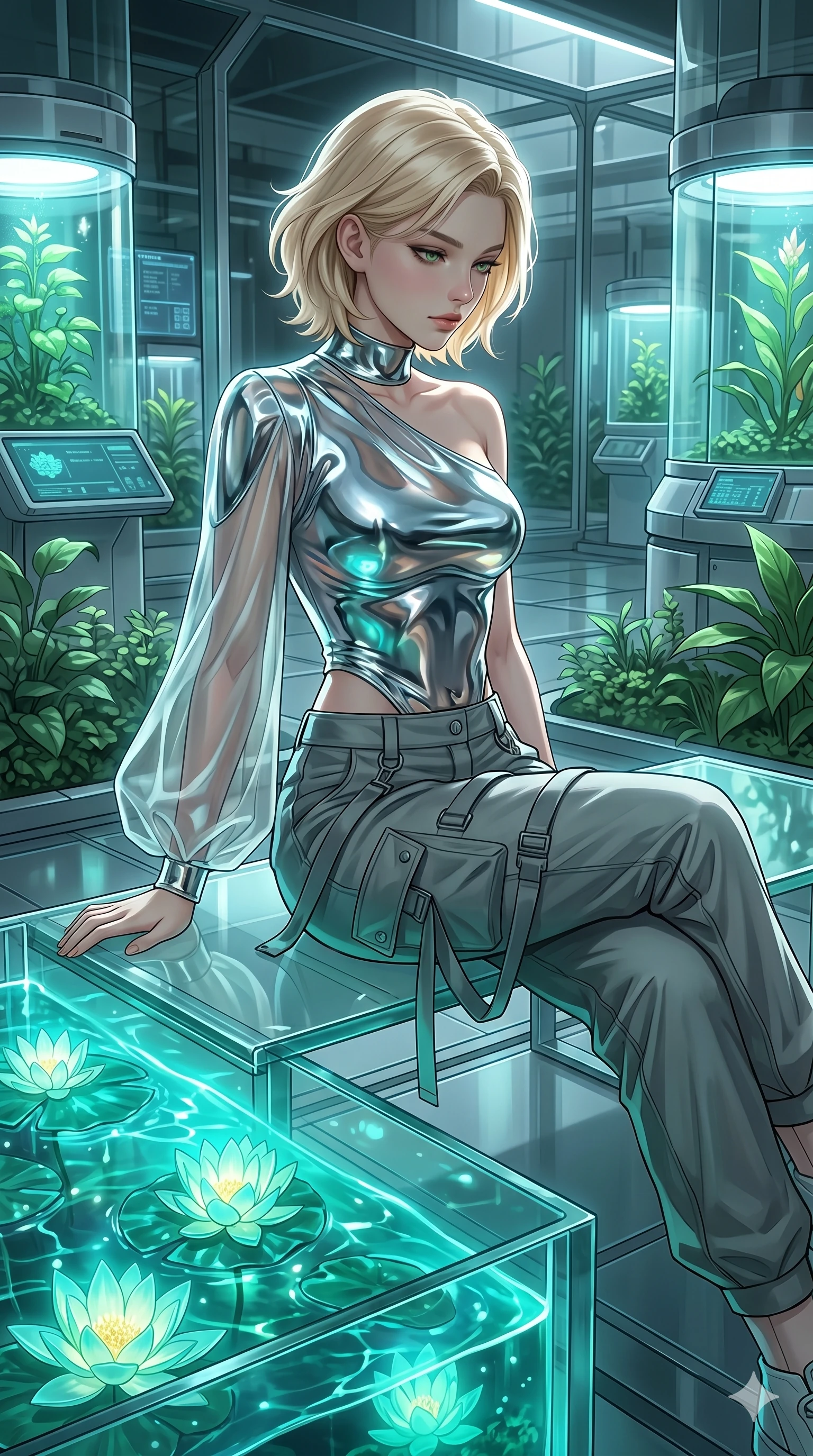 score_9, masterpiece, best quality, ultra-detailed, high-budget anime keyframe, editorial fashion photography, tasteful artistic composition, Caucasian woman, strictly human ears. Upper body close-up from the thighs up, character filling the screen for maximum presence. Inside a biotech garden next to a glass pond with glowing lotus flowers, seated elegantly on a glass bench, looking down at the pond with a calm expression. She is wearing an asymmetrical liquid-chrome top with sheer sleeves and utility cargo trousers. The scene is lit by the glowing turquoise water of the pond and a sharp white rim light. 2k, ultra detail, master piece, 9:16 ratio