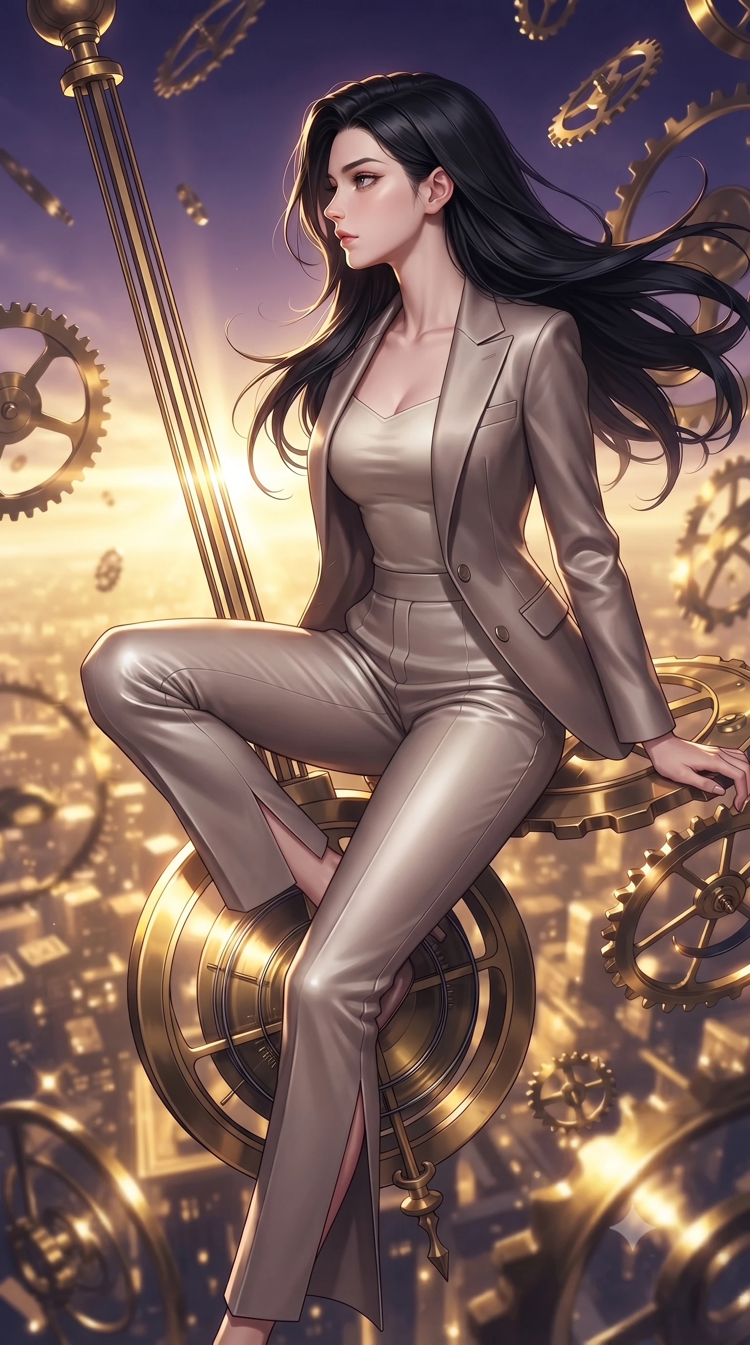 score_9, masterpiece, best quality, ultra-detailed, high-budget anime keyframe, editorial fashion photography, tasteful artistic composition, Korean woman. close-up cowboy shot from the waist and thighs up, the character dominates the composition, filling the frame with her large presence, background elements kept in soft focus. Turning her face in sharp dramatic profile against the bright light, showcasing her sharp v-shaped jawline poised on a massive mechanical clock pendulum swinging over a golden city, floating brass gears and clocksprings casting intricate metallic reflections. She has an exceptionally elegant, slender, and willowy female figure with an ultra-slim waist, a gracefully sculpted slender torso, and a refined silhouette. sharp v-shaped jawline, high-bridge nose, intricate jewel-like eyes with depth, thick eyelashes, glossy lips with a natural sheen. wearing a tailored silk blazer over a form-contouring top and fitted slacks in muted taupe and soft ivory, crafted from smooth liquid silk, finished with a sleek side slit ascending to mid-thigh, the elegant draped fit framing her graceful clavicle and slender torso. lit by a contrast of deep violet sky and radiant golden mechanical light. ultra-reflective glossy finish, specular highlights, metallic sheen, high-contrast stereoscopic depth, volumetric dynamic lighting, 2k, ultra detail, master piece, 9:16 ratio