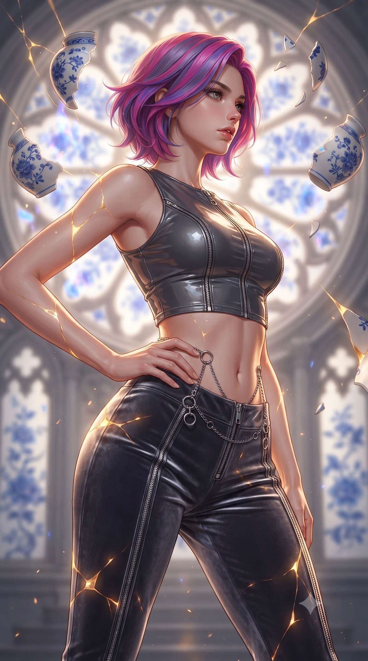 score_9, masterpiece, best quality, ultra-detailed, high-budget anime keyframe, editorial fashion photography, tasteful artistic composition, Caucasian woman. close-up cowboy shot from the waist and thighs up, the character dominates the composition, filling the frame with her large presence, background elements kept in soft focus. Holding a powerful dynamic pose with one hand on her hip and body angled dramatically toward the key light while pivoting dynamically in front of a giant porcelain rose window emitting sapphire flames, intricate cobalt blue floral patterns on floating white ceramic vase shards. She has an exceptionally elegant, slender, and willowy female figure with an ultra-slim waist, a gracefully sculpted slender torso, and a refined silhouette. sharp v-shaped jawline, high-bridge nose, intricate jewel-like eyes with depth, thick eyelashes, glossy lips with a natural sheen, flawlessly proportioned anatomical accuracy, natural body alignment, perfectly sculpted elegant limbs, clean dynamic posture without body distortion. wearing a glossy vinyl crop top and high-waist tailored leggings with sleek zippers in charcoal grey and platinum, made of premium stretch velvet with a rich sheen, accented with delicate chrome ring hardware framing her waist, the form-contouring material highlighting her ultra-slim waist and long lines. bathed in radiant golden kintsugi light radiating from ceramic cracks. ultra-reflective glossy finish, specular highlights, metallic sheen, high-contrast stereoscopic depth, volumetric dynamic lighting, 2k, ultra detail, master piece, 9:16 ratio