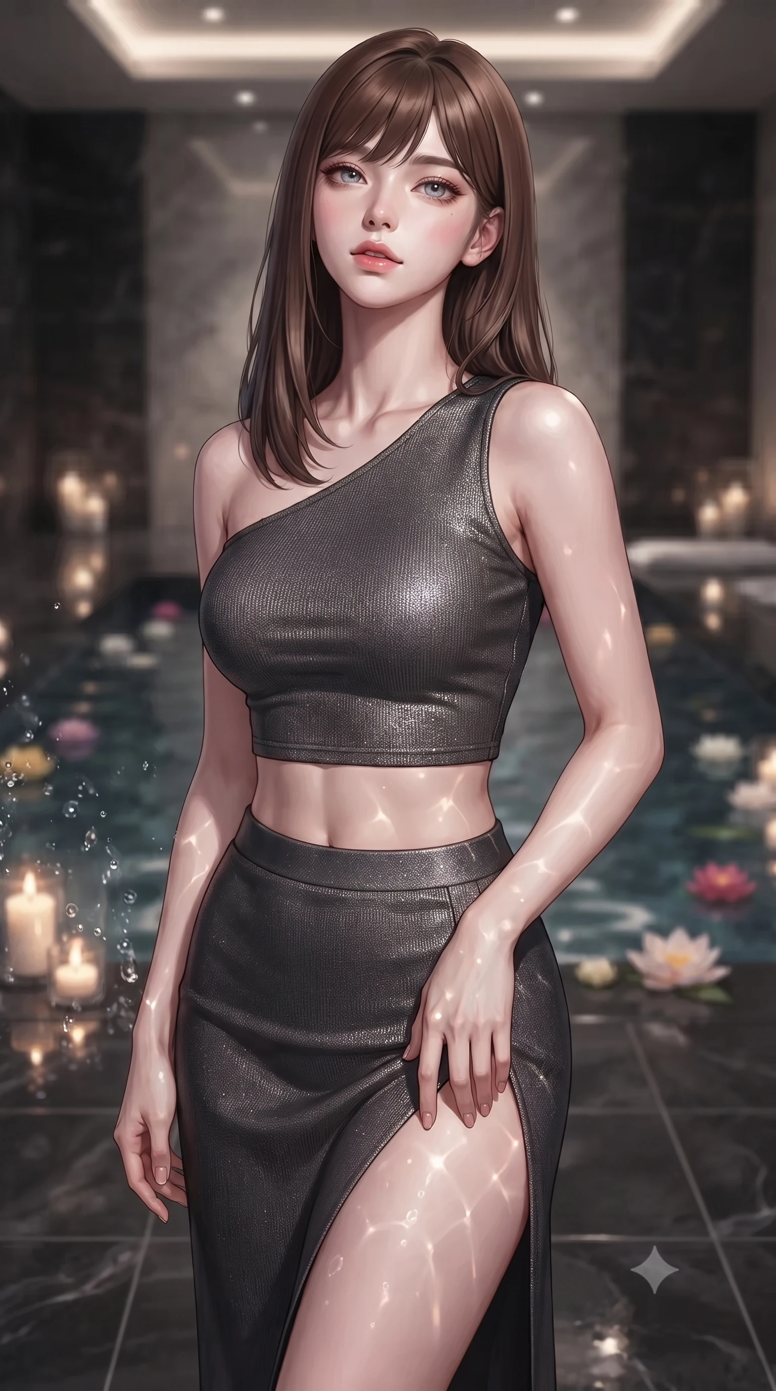 score_9, masterpiece, best quality, ultra-detailed, high-budget anime keyframe, editorial fashion photography, tasteful artistic composition, Korean woman woman. close-up cowboy shot from the waist and thighs up, the character dominates the composition, filling the frame with her large presence, background elements kept in soft focus. tilting her chin up slightly with lips parted in a composed, provocative expression the background shows a soft-focus a private indoor spa pool with dark tiled floors and floating flower blossoms. She has an exceptionally elegant, slender, and willowy female figure with an ultra-slim waist, a gracefully sculpted slender torso, and a refined silhouette. sharp v-shaped jawline, high-bridge nose, intricate jewel-like eyes with depth, thick eyelashes, glossy lips with a natural sheen. wearing a tailored asymmetric one-shoulder crop top in charcoal knit, paired with a high-slit skirt. soft flickering candle glow refracting through the moving water droplets. ultra-reflective glossy finish, specular highlights, metallic sheen, high-contrast stereoscopic depth, volumetric dynamic lighting, 2k, ultra detail, master piece, 9:16 ratio