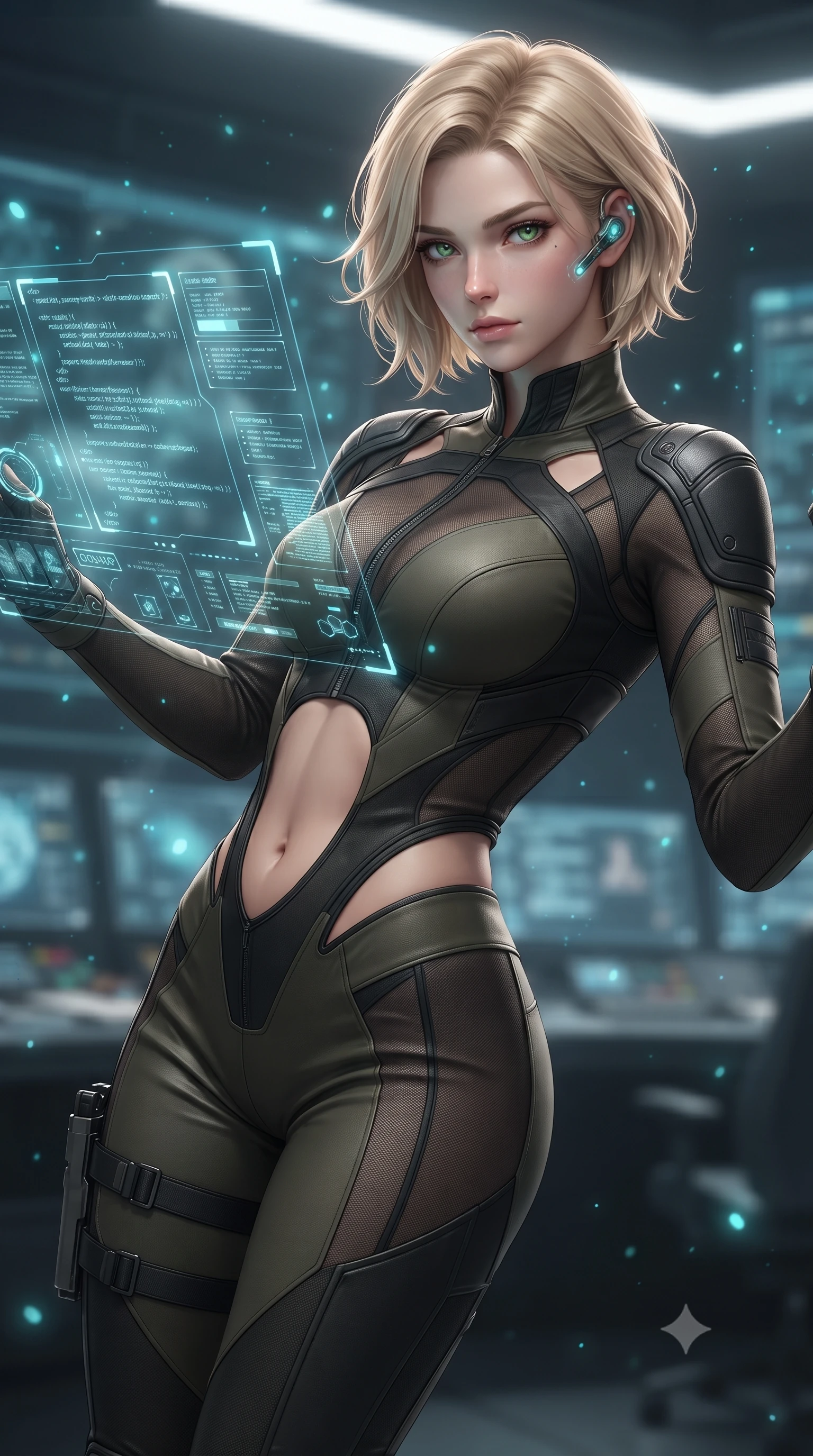 score_9, masterpiece, best quality, ultra-detailed, high-budget anime keyframe, editorial fashion photography, tasteful artistic composition, Caucasian woman. close-up cowboy shot from the waist and thighs up, the character dominates the composition, filling the frame with her large presence. radiating intense magnetic charisma with jewel-like eyes locked onto the viewer, her upper body turning in a dynamic, fluid S-curve while arching her spine in a fluid stretch while reviewing encrypted satellite telemetry data with a calm, intellectual expression. The composition keeps background elements in soft focus with creamy bokeh. glowing holographic code glyphs and UI particles scattering soft cyan light motes around her. She has an exceptionally elegant, slender, and willowy female figure with an ultra-slim waist, a gracefully sculpted slender torso, toned flat midriff, and a refined slim silhouette. sharp v-shaped jawline, high-bridge nose, intricate jewel-like eyes with depth, thick eyelashes, glossy lips with a natural sheen, captivating and magnetic expression, flawlessly proportioned anatomical accuracy, strict slender model proportions, natural body alignment, perfectly sculpted long slender limbs, ultra-slim waistline, clean dynamic posture without body distortion. wearing a high-mobility tactical jumpsuit featuring sheer contouring mesh panels and reinforced shoulders in dark olive drab and tactical matte black, made of high-mobility liquid jersey and semi-opaque reinforced mesh, equipped with a minimalist titanium leg holster and smart holographic earpiece, the precision-cut daring openings accentuating her delicate midriff, graceful bare collarbones, and ultra-slim feminine waistline. surrounded by a mastermind, elite, and dangerously seductive intelligence director aura. ultra-reflective glossy finish, specular highlights, rich textural contrasts, high-contrast stereoscopic depth, volumetric dynamic lighting, 2k, ultra detail, master piece, 9:16 ratio