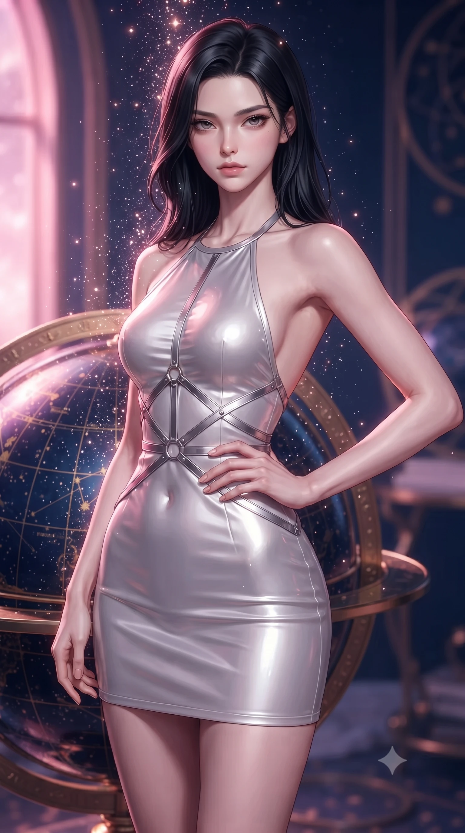 score_9, masterpiece, best quality, ultra-detailed, high-budget anime keyframe, editorial fashion photography, tasteful artistic composition, Korean woman. close-up cowboy shot from the waist and thighs up, the character dominates the composition, filling the frame with her large presence, background elements kept in soft focus. Holding a confident power pose with one hand on her hip, resting near a giant celestial globe reflecting deep navy and gold star maps, starlight particles falling like a golden shower around her silhouette. She has an exceptionally elegant, slender, and willowy female figure with an ultra-slim waist, a gracefully sculpted slender torso, and a refined silhouette. sharp v-shaped jawline, high-bridge nose, intricate jewel-like eyes with depth, thick eyelashes, glossy lips with a natural sheen. wearing backless liquid vinyl mini slip dress with bare shoulder halter neckline in radiant platinum, made of high-gloss liquid pearl vinyl, highlighted by a platinum metallic harness structure, the fitted fabric emphasizing her ultra-slim waist. bathed in radiant cosmic pink and deep navy blue ambient light. highly saturated vibrant anime colors, detailed shading with soft gradients, rich glossy textures, high-contrast stereoscopic depth, volumetric dynamic lighting, master piece, 9:16 ratio