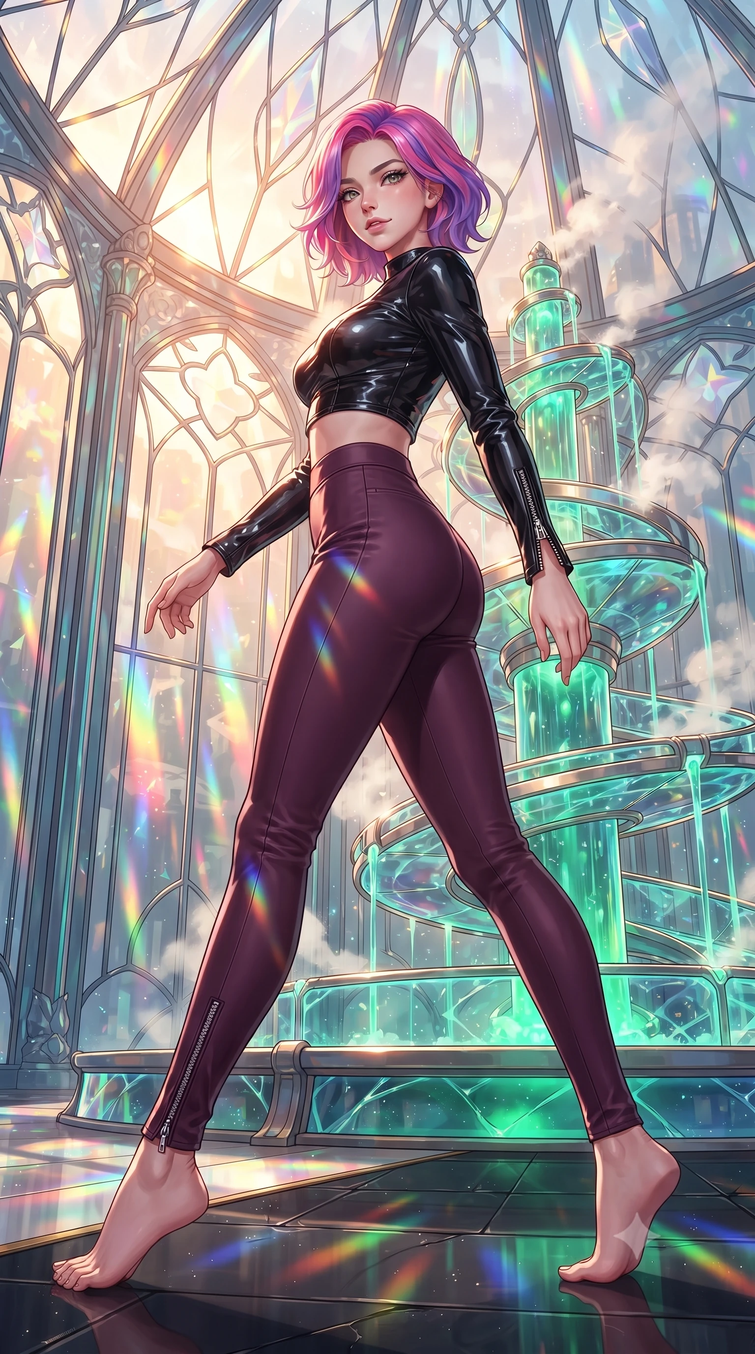 score_9, masterpiece, best quality, ultra-detailed, high-budget anime keyframe, editorial fashion photography, tasteful artistic composition, Caucasian woman. low angle full-body shot from head to toe showing her feet, filling the entire 9:16 vertical frame with her statuesque presence, stretching her vertical silhouette. forging dynamically through the scene, her vertical silhouette beautifully stretched standing by a hydro-flow spiral fountain flowing with bioluminescent emerald sap, steam clouds refracting sunlight into brilliant rainbow prisms. She has an absolutely perfect, statuesque 8.5-heads proportion, an exceptionally tall and slender model-like female figure with impossibly long slender legs and an ultra-slim waist. sharp v-shaped jawline, high-bridge nose, intricate jewel-like eyes with depth, thick eyelashes, glossy lips with a natural sheen. wearing a glossy vinyl crop top and high-waist tailored leggings with sleek metallic zippers, the sleek second-skin texture accentuating her magnetic presence. lit by warm golden-hour rays cascading through crystalline glass panes. highly saturated vibrant anime colors, detailed shading with soft gradients, rich glossy textures, high-contrast stereoscopic depth, volumetric dynamic lighting, master piece, 9:16 ratio