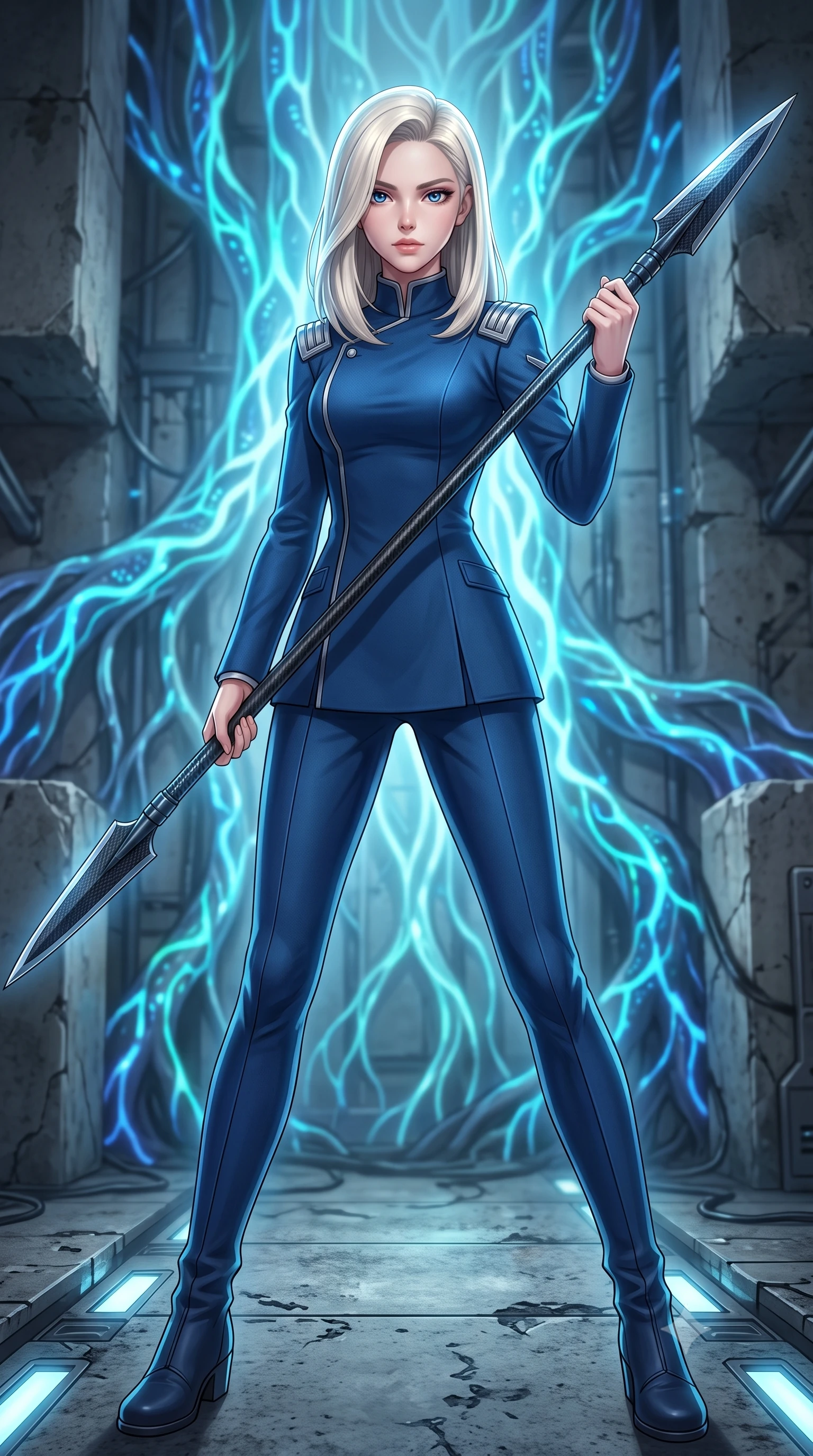 score_9, masterpiece, best quality, ultra-detailed, high-budget anime keyframe, editorial fashion photography, tasteful artistic composition, Caucasian woman. low angle full-body shot from head to toe showing her feet, filling the entire 9:16 vertical frame with her statuesque presence, stretching her vertical silhouette. standing in a dynamic combat stance with a carbon-fiber spear held diagonally, stretching her statuesque body, the background shows a soft-focus a cybernetic root chamber with glowing digital banyan roots growing in concrete. She has an absolutely perfect, statuesque 8.5-heads proportion, an exceptionally tall and slender model-like female figure with impossibly long slender legs and an ultra-slim waist. sharp v-shaped jawline, high-bridge nose, intricate jewel-like eyes with depth, thick eyelashes, glossy lips with a natural sheen. wearing a tailored modern high-collar space marine dress uniform in deep blue wool, featuring structured silver shoulder ranks. soft blue light radiating from digital roots onto her refined profile. highly saturated vibrant anime colors, detailed shading with soft gradients, rich glossy textures, high-contrast stereoscopic depth, volumetric dynamic lighting, master piece, 9:16 ratio