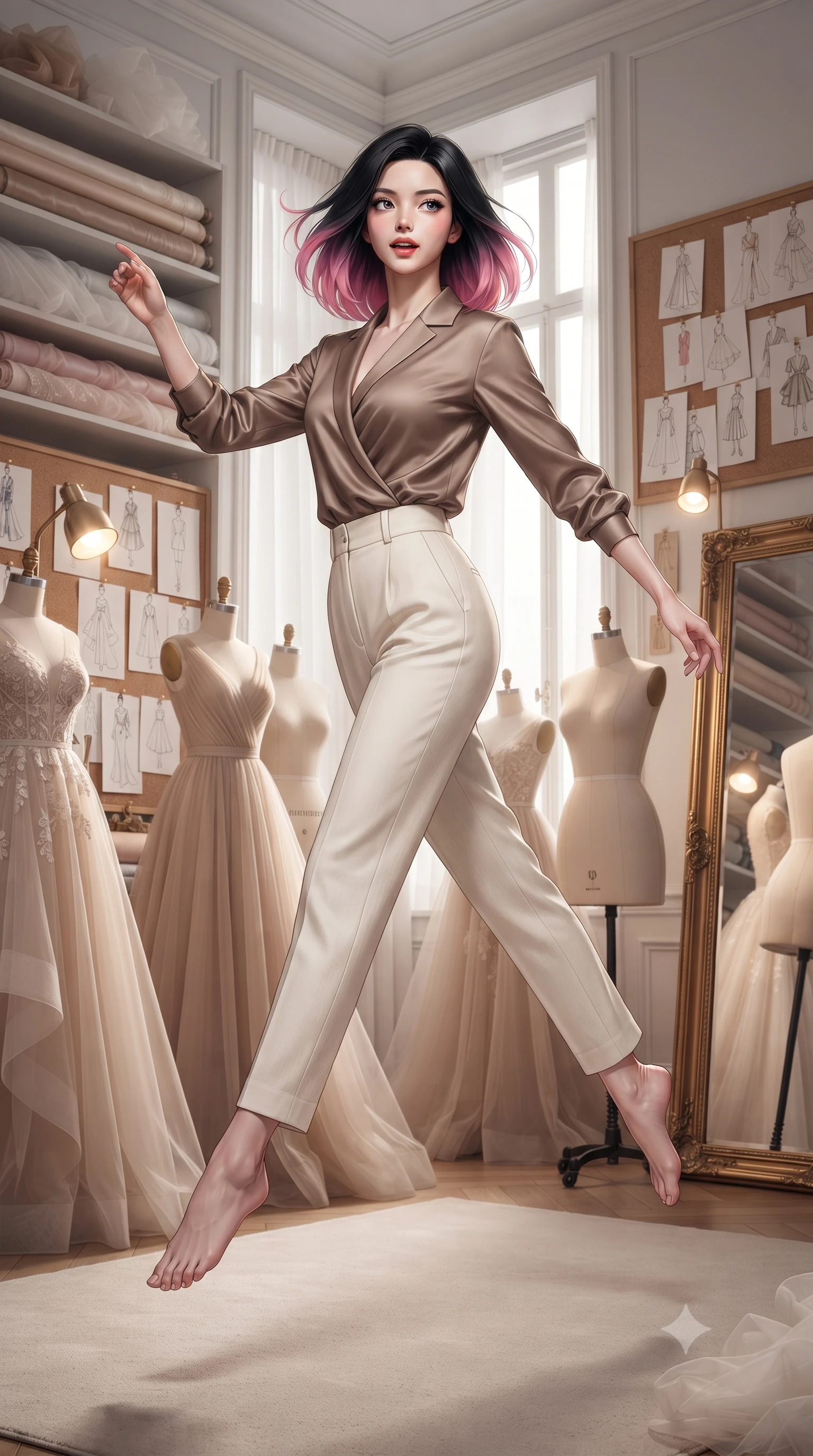 score_9, masterpiece, best quality, ultra-detailed, high-budget anime keyframe, editorial fashion photography, tasteful artistic composition, Korean woman. low angle full-body shot from head to toe showing her feet, filling the entire 9:16 vertical frame with her statuesque presence, stretching her vertical silhouette. leaping gracefully through a luxury fashion designer's private studio with elegant dress forms draped in half-finished couture gowns bolts of silk and tulle stacked on shelves fashion sketches pinned everywhere and gilt-framed mirrors. She has a statuesque 8.5-heads proportion, an exceptionally tall, slender and willowy model-like build with impossibly long legs and a highly sculpted ultra-slim waist. sharp v-shaped jawline, high-bridge nose, intricate jewel-like eyes with depth, thick eyelashes, glossy lips with a natural sheen. wearing a wrap-style silk blouse in a warm mocha shade, tucked into high-waisted ivory linen trousers. soft diffused daylight from tall north-facing windows providing perfect neutral studio illumination with warm accent spotlights on key dress forms. 2k, ultra detail, master piece, 9:16 ratio