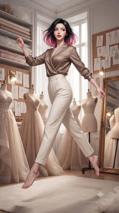 score_9, masterpiece, best quality, ultra-detailed, high-budget anime keyframe, editorial fashion photography, tasteful artistic composition, Korean woman. low angle full-body shot from head to toe showing her feet, filling the entire 9:16 vertical f