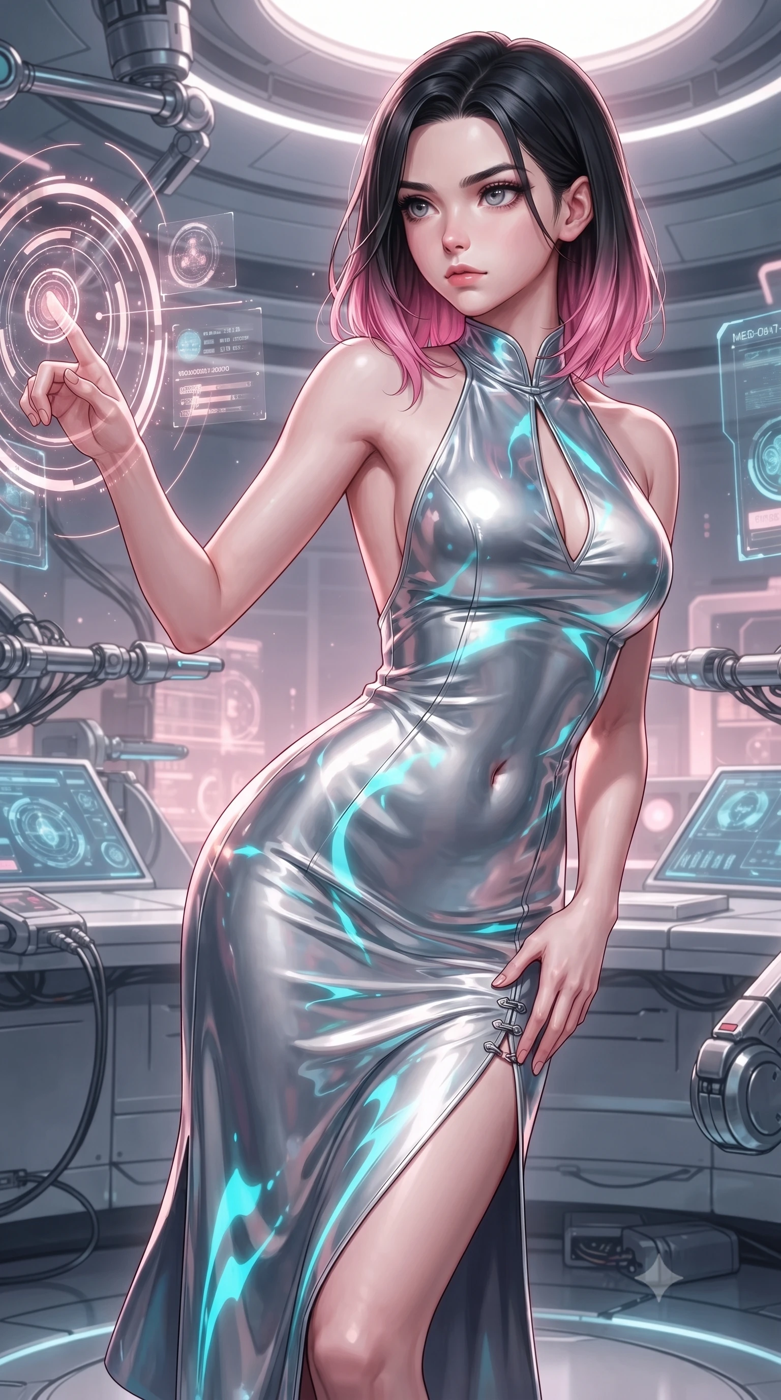 score_9, masterpiece, best quality, ultra-detailed, high-budget anime keyframe, editorial fashion photography, tasteful artistic composition, Korean woman. close-up cowboy shot from the waist and thighs up, the character dominates the composition, filling the frame with her large presence. extending one arm gracefully toward the light while her torso arches in a sleek, alluring curve with magnetic intensity while pivoting dynamically in a pristine high-tech bio-lab as holographic diagnostic rings swirl around her. The surrounding environment is rendered in vivid detail and crisp panoramic clarity. detailed chrome medical armatures, high-precision laboratory sensors, and circuit seams in high clarity. She has an exceptionally elegant, slender, and willowy female figure with an ultra-slim waist, a gracefully sculpted slender torso, and a refined silhouette. sharp v-shaped jawline, high-bridge nose, intricate jewel-like eyes with depth, thick eyelashes, glossy lips with a natural sheen, flawlessly proportioned anatomical accuracy, natural body alignment, perfectly sculpted elegant limbs, clean dynamic posture without body distortion. wearing a velvet halter-neck midi dress fitting her statuesque contour flawlessly with a Tasteful chest slit and open spine in liquid mercury silver and glowing electric cyan, formed from high-gloss patent material with specular light reflections, finished with an ultra-high side slit secured by miniature magnetic clasps, the glove-like fit tightly following every curve of her statuesque athletic build. bathed in soft glowing pink and rose-gold nano-fluid backlighting with clean studio key lights. ultra-reflective glossy finish, specular highlights, metallic sheen, high-contrast stereoscopic depth, volumetric dynamic lighting, 2k, ultra detail, master piece, 9:16 ratio