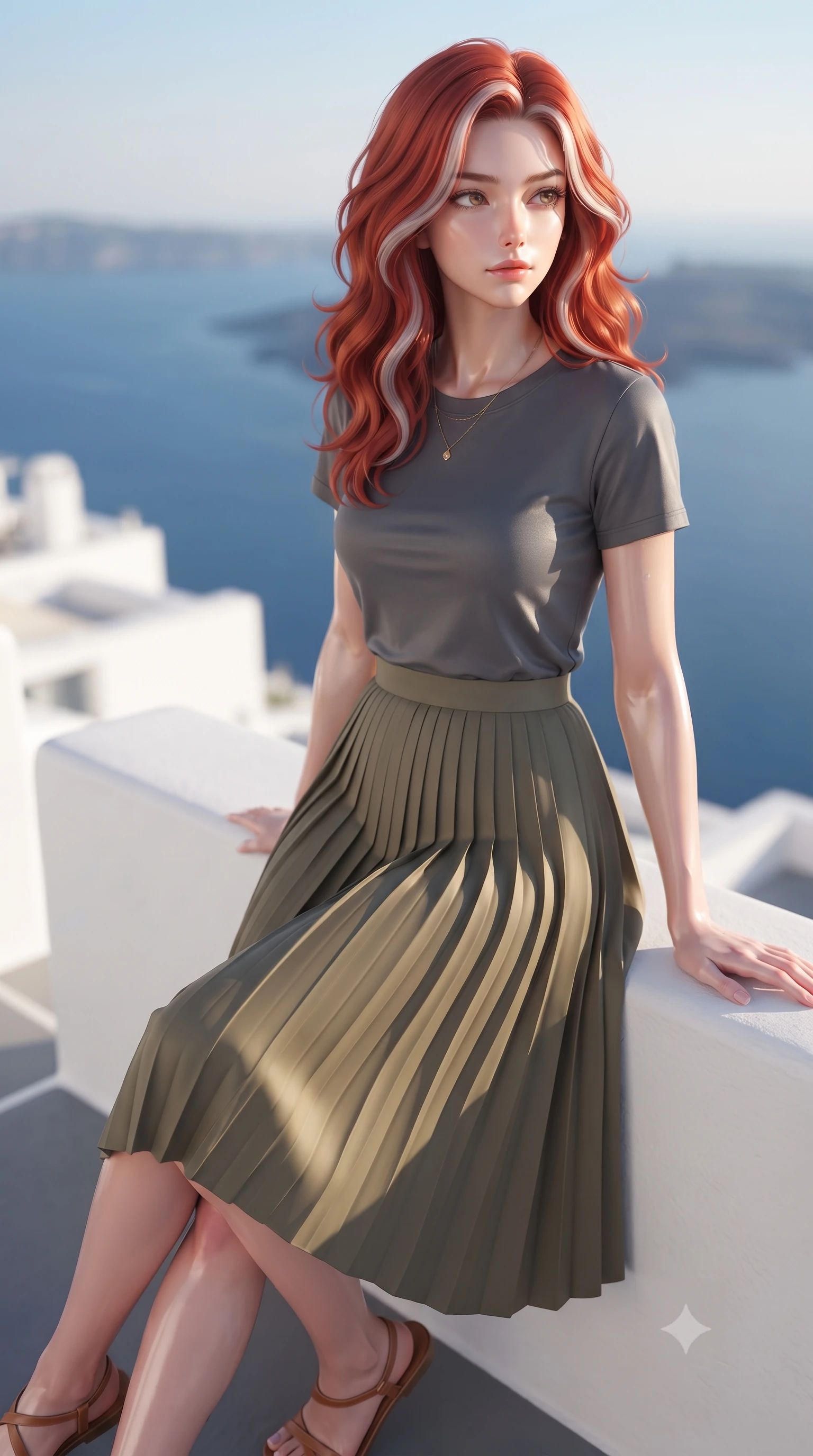 score_9, masterpiece, best quality, ultra-detailed, high-budget anime keyframe, editorial fashion photography, tasteful artistic composition, Caucasian woman woman. close-up cowboy shot from the waist and thighs up, the character dominates the composition, filling the frame with her large presence, background elements kept in soft focus. looking past the camera with a peaceful, thoughtful gaze, enjoying the warm sunlight the background shows a soft-focus a pristine white terrace of a Santorini villa overlooking a deep blue Aegean sea. She has an exceptionally elegant, slender, and willowy female figure with an ultra-slim waist, a gracefully sculpted slender torso, and a refined silhouette. sharp v-shaped jawline, high-bridge nose, intricate jewel-like eyes with depth, thick eyelashes, glossy lips with a natural sheen. wearing a tailored simple dark grey cotton tee tucked into a pleated olive midi skirt. dazzling morning sunbeams reflecting off white plaster walls, creating a clean white glow. ultra-reflective glossy finish, specular highlights, metallic sheen, high-contrast stereoscopic depth, volumetric dynamic lighting, 2k, ultra detail, master piece, 9:16 ratio