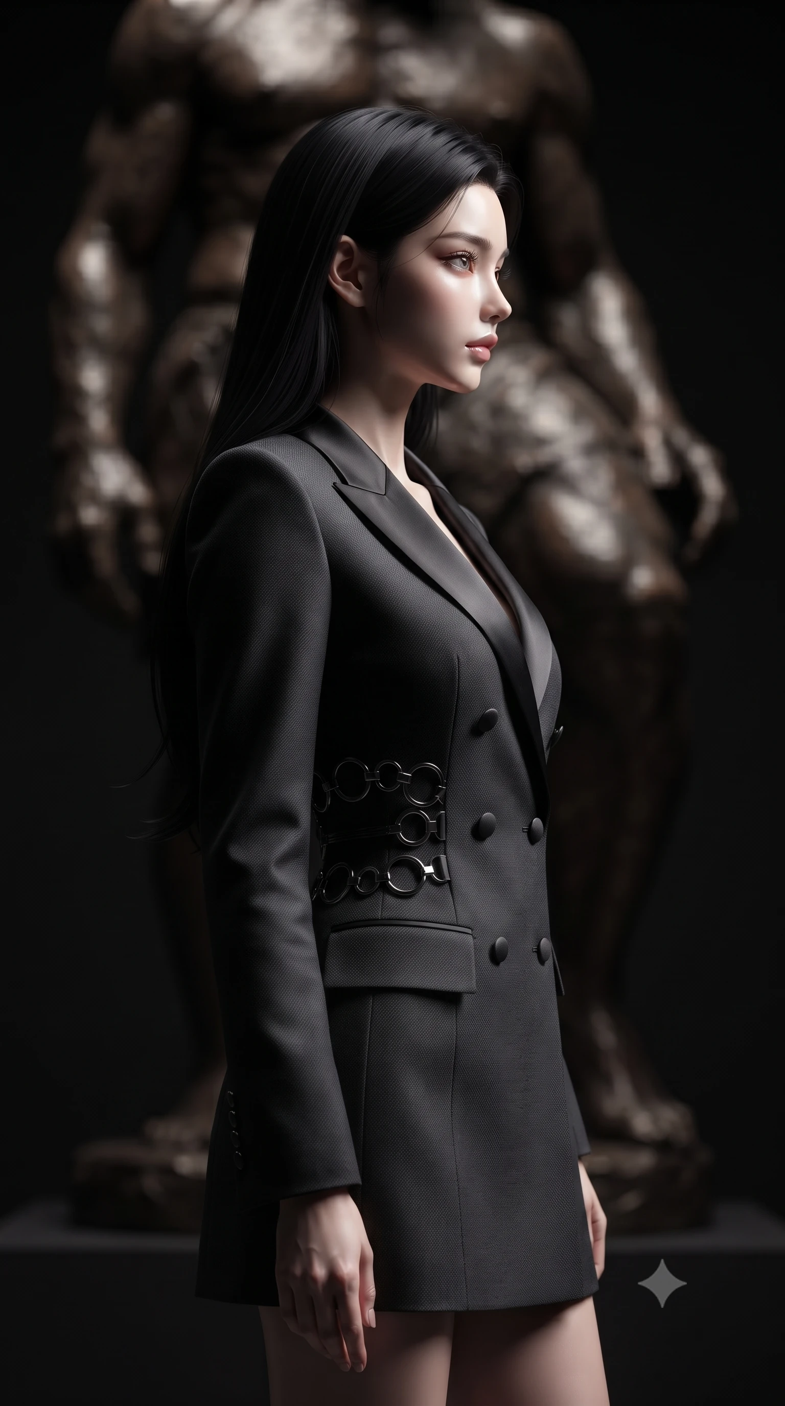 score_9, masterpiece, best quality, ultra-detailed, high-budget anime keyframe, editorial fashion photography, tasteful artistic composition, Korean woman. close-up cowboy shot from the waist and thighs up, the character dominates the composition, filling the frame with her large presence, background elements kept in soft focus. Turning her face in sharp dramatic profile against the key light, poised before a giant abstract bronze statue in a pitch-black gallery hall, high-art editorial framing with timeless luxury appeal. She has an exceptionally elegant, slender, and willowy female figure with an ultra-slim waist, a gracefully sculpted slender torso, and a refined silhouette. sharp v-shaped jawline, high-bridge nose, intricate jewel-like eyes with depth, thick eyelashes, glossy lips with a natural sheen. wearing tailored double-breasted obsidian blazer dress with silk lapels in dark charcoal gray, made of matte carbon-fiber weave, trimmed with dark chrome ring hardware along the waist contours, accentuating her gracefully sculpted slender torso. lit by crisp spotlight rays accentuating her refined physical contours. ultra-reflective glossy finish, specular highlights, metallic sheen, high-contrast stereoscopic depth, volumetric dynamic lighting, 2k, ultra detail, master piece, 9:16 ratio