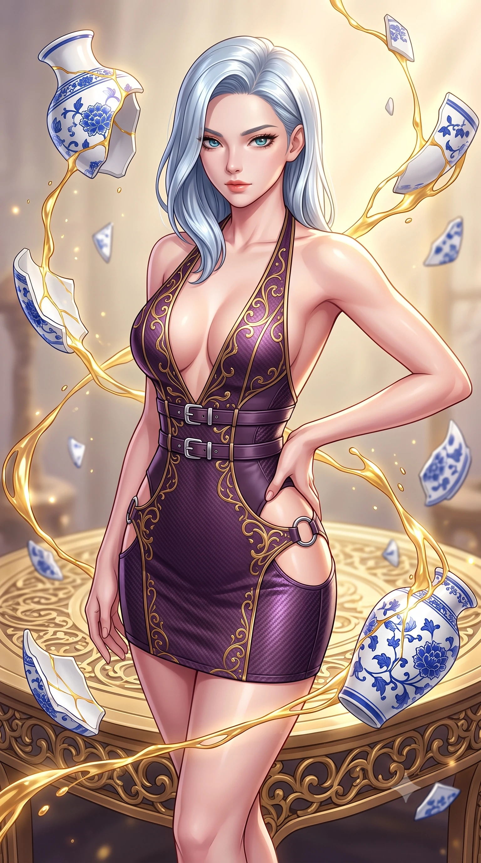 score_9, masterpiece, best quality, ultra-detailed, high-budget anime keyframe, editorial fashion photography, tasteful artistic composition, Korean woman. close-up cowboy shot from the waist and thighs up, the character dominates the composition, filling the frame with her large presence, background elements kept in soft focus. Holding a powerful dynamic pose with one hand on her hip and body angled dramatically toward the key light while balancing on a golden filigree altar as liquid gold streams connect suspended vase fragments, intricate cobalt blue floral patterns on floating white ceramic vase shards. She has an exceptionally elegant, slender, and willowy female figure with an ultra-slim waist, a gracefully sculpted slender torso, and a refined silhouette. sharp v-shaped jawline, high-bridge nose, intricate jewel-like eyes with depth, thick eyelashes, glossy lips with a natural sheen, flawlessly proportioned anatomical accuracy, natural body alignment, perfectly sculpted elegant limbs, clean dynamic posture without body distortion. wearing a deep-scoop halter bodycon dress with hip cutouts connected by silver rings in plum purple and gold filigree, made of fine carbon-fiber weave and soft matte leather, detailed with polished silver buckles along the waistline, the glove-like fit emphasizing her statuesque silhouette during motion. bathed in radiant golden kintsugi light radiating from ceramic cracks. highly saturated vibrant anime colors, detailed shading with soft gradients, rich glossy textures, high-contrast stereoscopic depth, volumetric dynamic lighting, master piece, 9:16 ratio
