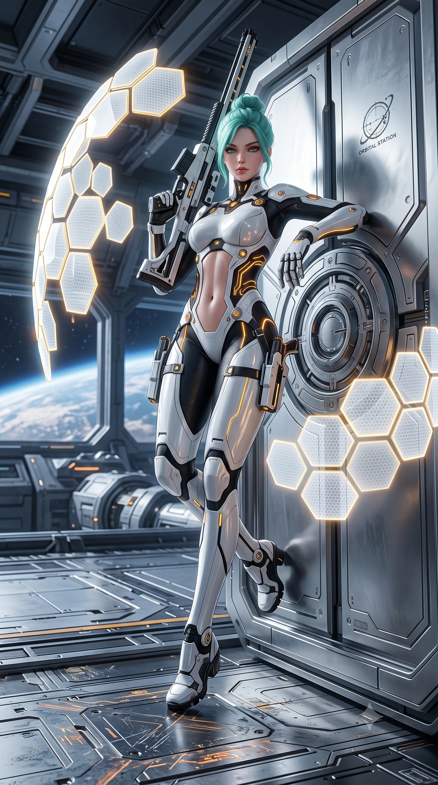 score_9, masterpiece, best quality, ultra-detailed, high-budget anime keyframe, semi-realistic 3D game render, editorial fashion photography, tasteful artistic composition, Japanese woman. low angle full-body shot from head to toe showing her feet, filling the entire 9:16 vertical frame with her statuesque presence, stretching her vertical silhouette. performing an alluring mid-air combat landing with flawless poise, looking directly into the camera with regal, deadly intensity while leaning against a heavy titanium blast door with her slender railgun rested against her shoulder with divine confidence. The surrounding environment is rendered in vivid detail and crisp panoramic clarity. dramatic space chiaroscuro and grand orbital engineering captured with environmental precision. She has an absolutely perfect, statuesque 8.5-heads proportion, an exceptionally tall and slender model-like female figure with impossibly long slender legs, a toned flat midriff, and an ultra-slim waist. sharp v-shaped jawline, high-bridge nose, intricate jewel-like eyes with depth, thick eyelashes, glossy lips with a natural sheen, flawlessly proportioned anatomical accuracy, strict slender model proportions, natural body alignment, perfectly sculpted long slender limbs, ultra-slim waistline, clean dynamic posture without body distortion. wearing a high-contrast monochrome white-and-black carbon-composite exoskeleton suit with glowing amber circuitry, deploying floating hexagonal holographic energy shields with sovereign grace in arctic white carbon composite with radiant solar gold plating, crafted from semi-translucent cybernetic carbon-vinyl interwoven with glowing micro-filaments, detailed with magnetic weapon holsters and polished chrome connection clasps, the sleek second-skin cut tightly hugging her graceful clavicle, narrow waist, and feminine curves with athletic precision. surrounded by an awe-inspiring, calm, and radiantly deadly orbital sharpshooter goddess aura. rich saturated anime colors with glowing neon highlights, detailed shading with soft gradients, rich glossy textures, high-contrast stereoscopic depth, volumetric dynamic lighting, master piece, 9:16 ratio