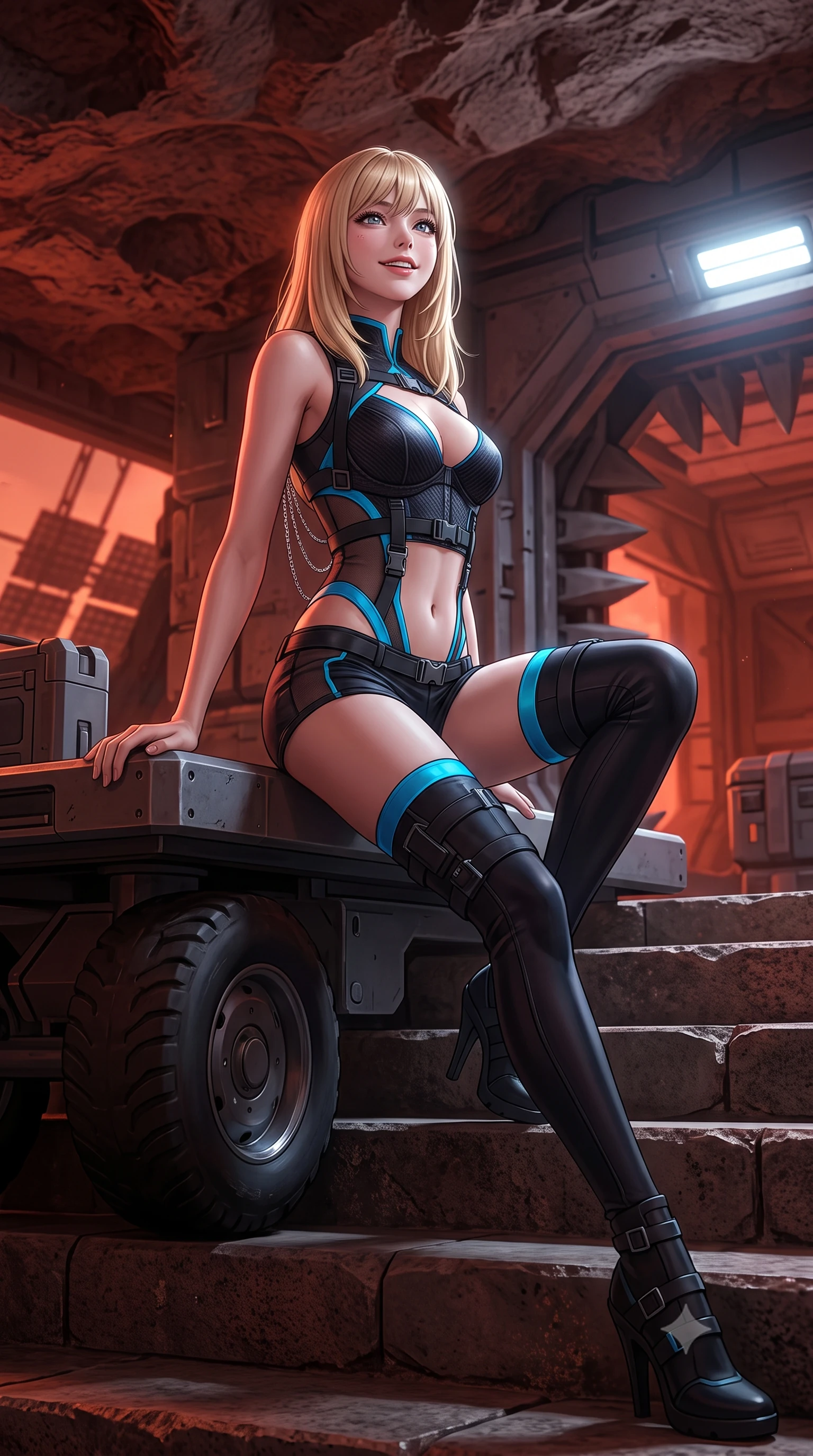 score_9, masterpiece, best quality, ultra-detailed, high-budget anime keyframe, semi-realistic 3D game render, editorial fashion photography, tasteful artistic composition, Japanese woman. low angle full-body shot from head to toe showing her feet, filling the entire 9:16 vertical frame with her statuesque presence, stretching her vertical silhouette. sitting poised on the stone steps with one knee bent, arching her spine with supermodel elegance as she glances upward through thick eyelashes while sitting gracefully on the antigravity equipment dolly with legs crossed, flashing a radiant, playful smile with parted glossy lips. The surrounding environment is rendered in vivid detail and crisp panoramic clarity: sharp crater rock ceiling textures, heavy hydraulic hangar door teeth, and crisp solar array shadows in deep focus. She has an exceptionally tall and slender model-like 8.5-heads proportion, an ultra-slim waist, a flat toned midriff, narrow delicate ribcage, and beautifully sculpted feminine hips creating a graceful, slim hourglass silhouette without any bulky heaviness, with impossibly long slender legs. sharp v-shaped jawline, high-bridge nose, intricate jewel-like sparkling eyes with depth, thick eyelashes, glossy parted lips with a natural peach sheen, bright cheerful beaming smile with an enchanting and coquettish sensual glint, exuding both youthful cute charm and seductive allure, flawlessly proportioned anatomical accuracy, strict slender model proportions, natural body alignment, perfectly sculpted long slender limbs, ultra-slim waistline, clean dynamic posture without body distortion. wearing a sculpted carbon-fiber underwire crop corset with tactical buckle straps paired with low-rise micro shorts in tactical obsidian black and high-voltage cyan, featuring strategic sheer-illusion tulle side panels framing her ribcage and hips, accented with an open-back drape framed by falling strands of delicate chrome chains, the liquid-tight tailored fabric clinging flawlessly to her narrow waist and rounded feminine hips, emphasizing every millimeter of her sculpted slim hourglass curves without any bulky heaviness. bathed in deep reddish-orange reflected Marslight combined with crisp white 6000K hangar floodlights. highly saturated vibrant anime colors, detailed shading with soft gradients, rich glossy textures, high-contrast stereoscopic depth, volumetric dynamic lighting, master piece, 9:16 ratio
