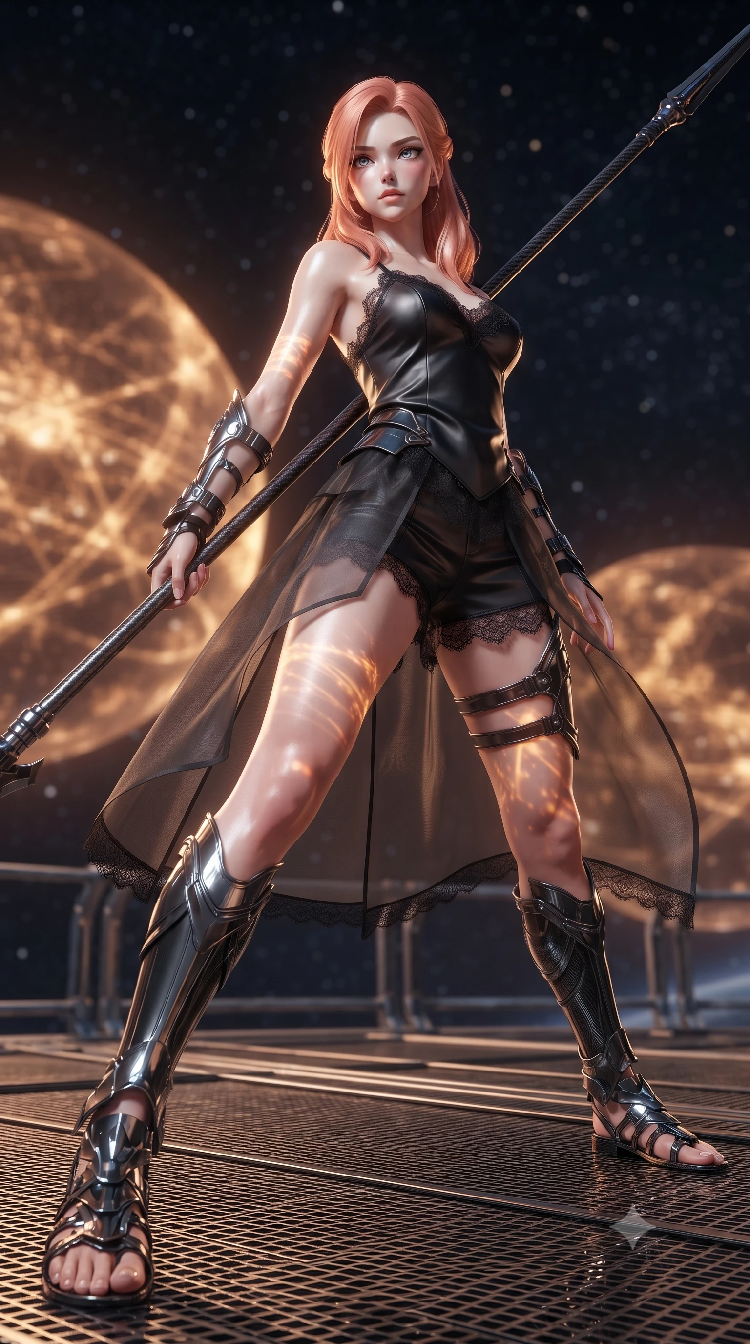 score_9, masterpiece, best quality, ultra-detailed, high-budget anime keyframe, editorial fashion photography, tasteful artistic composition, Japanese woman. low angle full-body shot from head to toe showing her feet, filling the entire 9:16 vertical frame with her statuesque presence, stretching her vertical silhouette. standing in a dynamic combat stance with a carbon-fiber spear held diagonally, stretching her statuesque body, the background shows a soft-focus a citadel catwalk made of carbon-fiber grids and steel railings in space. She has an absolutely perfect, statuesque 8.5-heads proportion, an exceptionally tall and slender model-like female figure with impossibly long slender legs and an ultra-slim waist. sharp v-shaped jawline, high-bridge nose, intricate jewel-like eyes with depth, thick eyelashes, glossy lips with a natural sheen. wearing a tailored delicate lace-trim camisole in black silk, paired with a sheer organza wrap skirt and combat shorts. starlight and the warm amber glow of planetary holograms on her form. ultra-reflective glossy finish, specular highlights, metallic sheen, high-contrast stereoscopic depth, volumetric dynamic lighting, 2k, ultra detail, master piece, 9:16 ratio