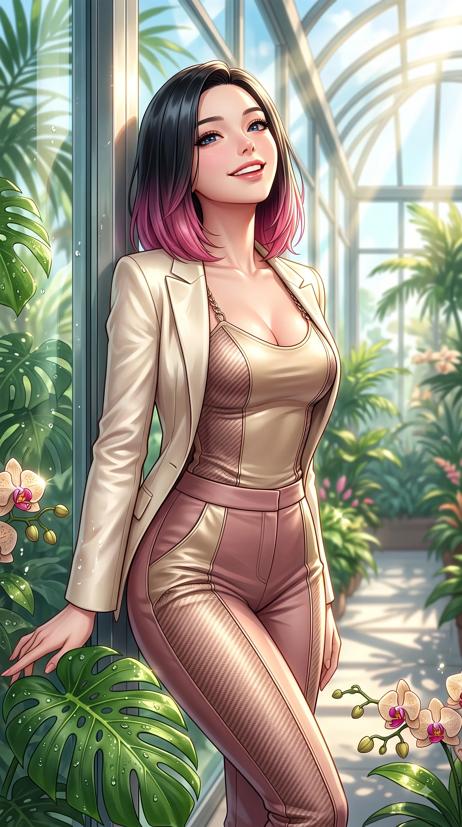 score_9, masterpiece, best quality, ultra-detailed, high-budget anime keyframe, editorial fashion photography, tasteful artistic composition, Korean woman. close-up cowboy shot from the waist and thighs up, the character dominates the composition, filling the frame with her large presence, background elements kept in soft focus. Tilting her chin up with a sweet beaming smile of pure delight while balancing dynamically amidst the scene while resting near a sunlit glass wall as tropical sunbeams highlight her fresh youthful figure, dewdrops on lush green Monstera leaves and orchids scattering bright specular highlights. She has an exceptionally elegant, slender, and willowy female figure with an ultra-slim waist, a gracefully sculpted slender torso, and a refined silhouette. sharp v-shaped jawline, high-bridge nose, intricate jewel-like eyes with depth, thick eyelashes, glossy lips with a natural sheen, flawlessly proportioned anatomical accuracy, natural body alignment, perfectly sculpted elegant limbs, clean dynamic posture without body distortion. wearing a tailored cream silk blazer over a form-contouring scoop-neck top and slacks in dusty rose and champagne gold, made of fine carbon-fiber weave and soft matte leather, adorned with delicate metallic chain straps along the neckline, the sleek second-skin texture accentuating her magnetic presence. surrounded by a bright, airy, and refreshing tropical garden atmosphere. highly saturated vibrant anime colors, detailed shading with soft gradients, rich glossy textures, high-contrast stereoscopic depth, volumetric dynamic lighting, master piece, 9:16 ratio