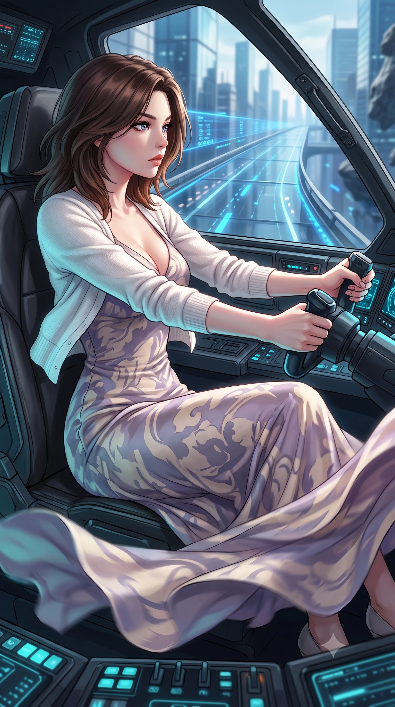 score_9, masterpiece, best quality, ultra-detailed, high-budget anime keyframe, editorial fashion photography, tasteful artistic composition, Korean woman. close-up cowboy shot from the waist and thighs up, the character dominates the composition, filling the frame with her large presence, background elements kept in soft focus. Piloting a starfighter through a tight asteroid gap, hands tight on the flight yoke, looking sharply left. set against a soft-focus background of an elevated glass skyway between mirror-clad skyscrapers, blue data streams and light paths flowing in channels along the road. She has an exceptionally elegant and slender, willowy female figure with an ultra-slim waist, a gracefully sculpted slender torso, and a refined slim physique. sharp v-shaped jawline, high-bridge nose, intricate jewel-like eyes with depth, thick eyelashes, glossy lips with a natural sheen. wearing the lightweight fabric rippling and billowing dramatically with her movement, a body-hugging flowing silk maxi dress in a muted lavender and cream print, layered under a white knit cardigan. highly saturated vibrant anime colors, intense vivid color palette, soft 3D volumetric shading, volumetric dynamic lighting, soft aqua bioluminescent light making her skin luminously glow against darkness. 2k, ultra detail, master piece, 9:16 ratio