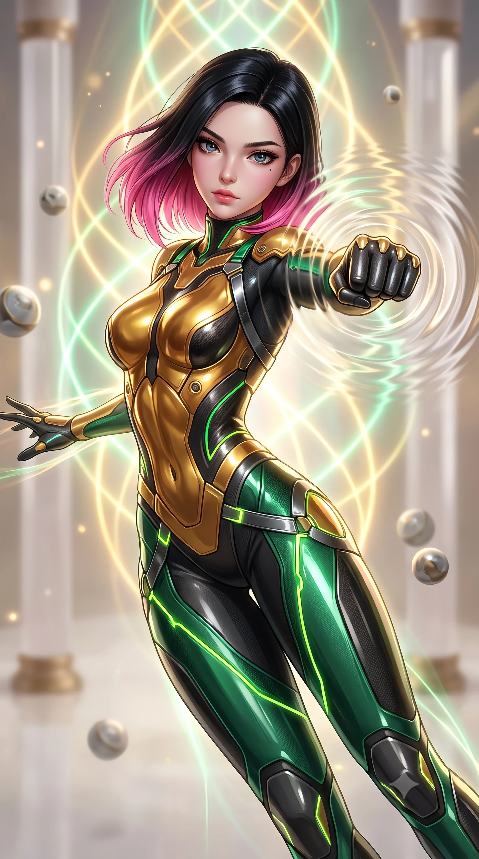 score_9, masterpiece, best quality, ultra-detailed, high-budget anime keyframe, semi-realistic 3D game render, editorial fashion photography, tasteful artistic composition, Korean woman. close-up cowboy shot from the waist and thighs up, the character dominates the composition, filling the frame with her large presence. thrusting a high-speed kinetic punch toward the camera, a visible conical shockwave distortion wrapping around her sleek carbon forearm while arching her back gracefully in zero-gravity with arms outstretched in fluid kinetic tension as solar rays trace her torso. The composition keeps background elements in soft focus with creamy bokeh. minimalist quartz dojo pillars and floating zero-G training spheres softened in smooth atmospheric depth of field. She has an exceptionally elegant, slender, and willowy female figure with an ultra-slim waist, a gracefully sculpted slender torso, toned flat midriff, and a refined slim silhouette. sharp v-shaped jawline, high-bridge nose, intricate jewel-like eyes with depth, thick eyelashes, glossy lips with a natural sheen, flawlessly proportioned anatomical accuracy, strict slender model proportions, natural body alignment, perfectly sculpted long slender limbs, ultra-slim waistline, clean dynamic posture without body distortion. wearing a sculpted molten-gold and dark carbon cuirass paired with high-mobility combat leggings and kinetic energy channels in emerald green carbon composite with glowing lime laser channels, formed from high-gloss patent carbon-plating with specular chiaroscuro reflections, reinforced by a sleek titanium kinetic harness and glowing micro-energy straps, the liquid-tight tailored fabric emphasizing every curve of her tall, slender model proportions and sculptured silhouette during dynamic movement. surrounded by an awe-inspiring, serene, and radiantly supreme celestial martial goddess aura. rich saturated anime colors with glowing neon highlights, detailed shading with soft gradients, rich glossy textures, high-contrast stereoscopic depth, volumetric dynamic lighting, master piece, 9:16 ratio