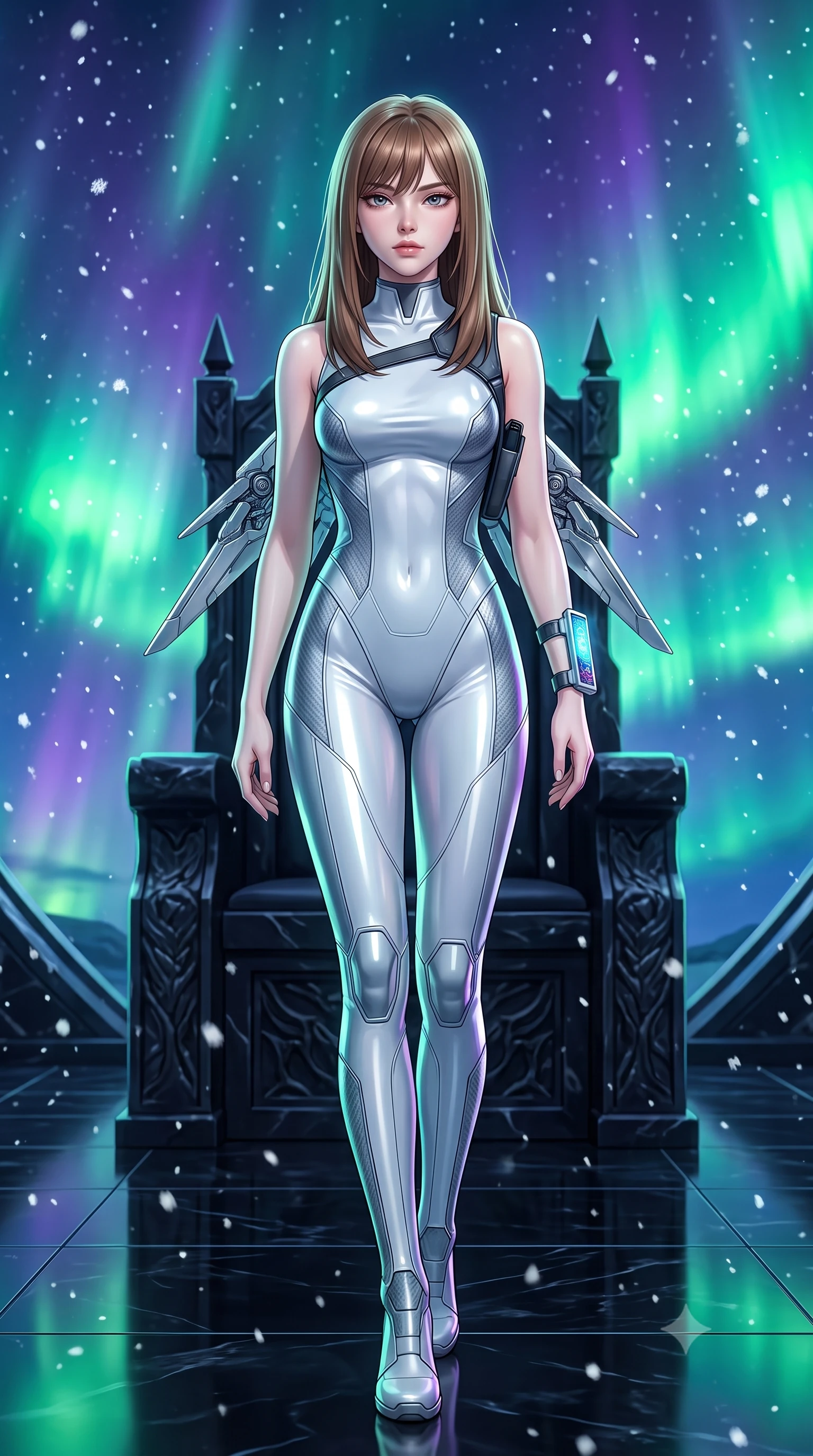 score_9, masterpiece, best quality, ultra-detailed, high-budget anime keyframe, semi-realistic 3D game render, editorial fashion photography, tasteful artistic composition, Korean woman. low angle full-body shot from head to toe showing her feet, filling the entire 9:16 vertical frame with her statuesque presence, stretching her vertical silhouette. striding forward in a proud supermodel runway stride, hips swaying in an alluring kinetic rhythm that accentuates her curvy hourglass silhouette while reclining on a carved obsidian throne propped on one elbow, eyes glowing with supernatural magnetism as she glances past the camera. The surrounding environment is rendered in vivid detail and crisp panoramic clarity. detailed carbon-fiber weave patterns, metallic wing harness joints, and falling snowflakes in high resolution. She has an absolutely perfect, statuesque 8.5-heads proportion, an exceptionally tall and slender model-like female figure with impossibly long slender legs, a toned flat midriff, an ultra-slim waist, and beautifully sculpted feminine hips. sharp v-shaped jawline, high-bridge nose, intricate jewel-like eyes with depth, thick eyelashes, glossy parted lips with a natural sheen, intensely captivating and seductive bedroom-eyes expression, flawlessly proportioned anatomical accuracy, strict slender model proportions, natural body alignment, perfectly sculpted long slender limbs, ultra-slim waistline, clean dynamic posture without body distortion. wearing a sharp sleeveless tactical catsuit with an asymmetric shoulder holster and high collar in polished chrome silver and arctic glacier white, tailored from second-skin aerodynamic stretch vinyl with specular sheen, equipped with a wrist-mounted miniature holographic display terminal, the glove-like aerodynamic silhouette tightly following the natural contour of her hips and long slender legs with statuesque precision. bathed in vibrant emerald and violet aurora backlighting from the polar sky. highly saturated vibrant anime colors, detailed shading with soft gradients, rich glossy textures, high-contrast stereoscopic depth, volumetric dynamic lighting, master piece, 9:16 ratio
