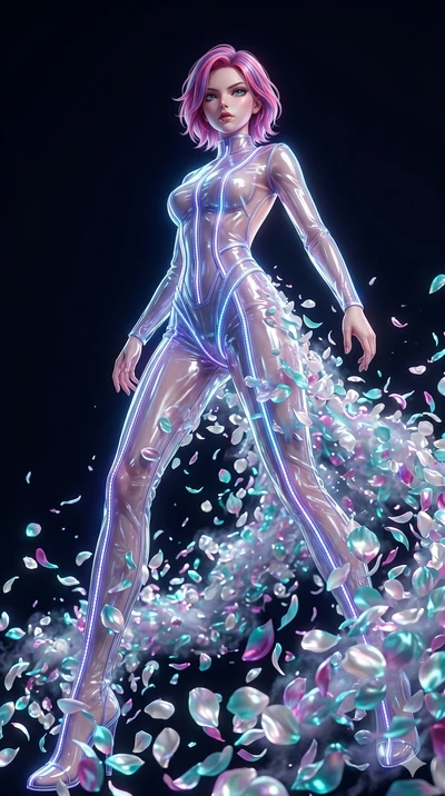score_9, masterpiece, best quality, ultra-detailed, High-budget Anime Keyframe, East Asian woman. Low angle cowboy shot filling the entire 9:16 frame with her statuesque presence. Scenario 51: Dissolving into a cloud of iridescent silk petals in a vo