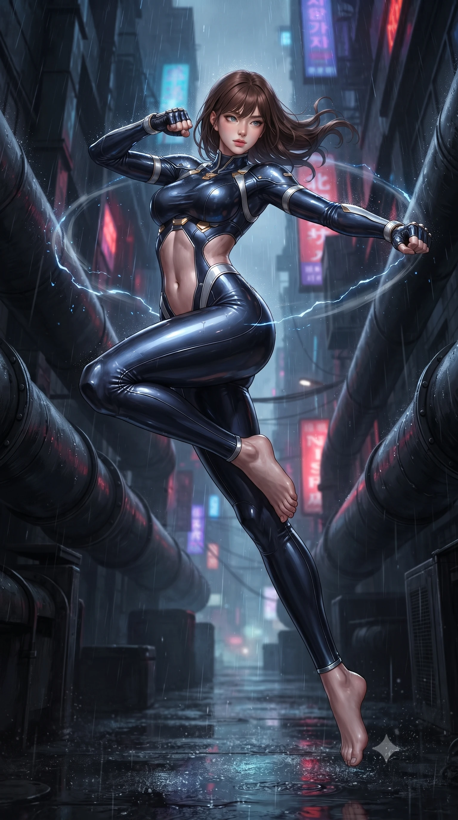 score_9, masterpiece, best quality, ultra-detailed, high-budget anime keyframe, editorial fashion photography, tasteful artistic composition, Korean woman. low angle full-body shot from head to toe showing her feet, filling the entire 9:16 vertical frame with her statuesque presence, stretching her vertical silhouette. leaping into mid-air with an athletic yet alluring arch of her spine, driving a downward kinetic strike surrounded by a ring of displaced air while arching her spine in a fluid S-curve martial roll between steam pipes as blue electricity illuminates her sleek silhouette. The composition keeps background elements in soft focus with creamy bokeh. falling raindrops catching neon light motes across a dark noir backdrop. She has an absolutely perfect, statuesque 8.5-heads proportion, an exceptionally tall and slender model-like female figure with impossibly long slender legs, a toned flat midriff, and an ultra-slim waist. sharp v-shaped jawline, high-bridge nose, intricate jewel-like eyes with depth, thick eyelashes, glossy lips with a natural sheen, flawlessly proportioned anatomical accuracy, strict slender model proportions, natural body alignment, perfectly sculpted long slender limbs, ultra-slim waistline, clean dynamic posture without body distortion. wearing a statuesque midnight cobalt carbon-fiber battle-suit with platinum trim, reinforced kinetic palm plates, and an ultra-slim waistline in arctic white carbon composite with radiant solar gold plating, made of liquid carbon-jersey fabric adhering flawlessly to her sculpted silhouette, reinforced by a sleek titanium kinetic harness and glowing micro-energy straps, the precision-cut daring openings accentuating her delicate midriff, graceful bare collarbones, and ultra-slim feminine waistline. surrounded by a dangerous, gritty, and intensely captivating martial femme-fatale noir aura. ultra-reflective glossy finish, specular highlights, dark metallic sheen, high-contrast stereoscopic depth, volumetric dynamic lighting, 2k, ultra detail, master piece, 9:16 ratio