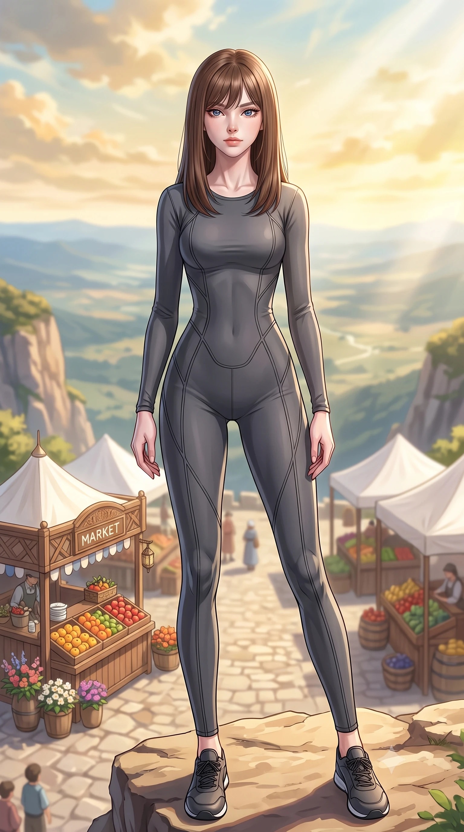 score_9, masterpiece, best quality, ultra-detailed, high-budget anime keyframe, editorial fashion photography, tasteful artistic composition, Korean woman woman. low angle full-body shot from head to toe showing her feet, filling the entire 9:16 vertical frame with her statuesque presence, stretching her vertical silhouette. standing proud on a scenic cliff overlooking the valley, her silhouette framed by the golden sky the background shows a soft-focus a bustling market square with wooden stalls selling fresh fruit and flowers under white tents. She has an absolutely perfect, statuesque 8.5-heads proportion, an exceptionally tall and slender model-like female figure with impossibly long slender legs and an ultra-slim waist. sharp v-shaped jawline, high-bridge nose, intricate jewel-like eyes with depth, thick eyelashes, glossy lips with a natural sheen. wearing a body-hugging body-hugging charcoal grey activewear jumpsuit with sleek contouring seam lines. bright midday sun rays creating a lively and colorful atmosphere. 2k, ultra detail, master piece, 9:16 ratio