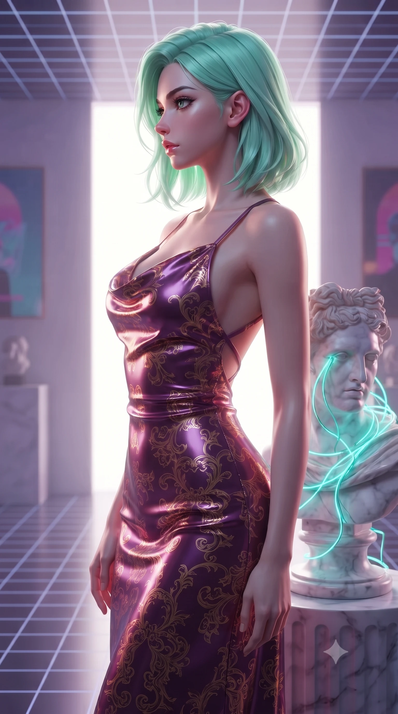 score_9, masterpiece, best quality, ultra-detailed, high-budget anime keyframe, editorial fashion photography, tasteful artistic composition, Japanese woman. close-up cowboy shot from the waist and thighs up, the character dominates the composition, filling the frame with her large presence, background elements kept in soft focus. Turning her face in sharp dramatic profile against the bright light, showcasing her sharp v-shaped jawline standing beside a marble classical bust statue glowing with turquoise neon wires, lo-fi synthwave grid patterns running across floor and ceiling. She has an exceptionally elegant, slender, and willowy female figure with an ultra-slim waist, a gracefully sculpted slender torso, and a refined silhouette. sharp v-shaped jawline, high-bridge nose, intricate jewel-like eyes with depth, thick eyelashes, glossy lips with a natural sheen. wearing an elegant cowl-neck satin midi dress with a draped neckline in plum purple and gold filigree, tailored from high-gloss patent leather, complemented by criss-cross back straps highlighting her bare shoulders, the form-contouring material highlighting her ultra-slim waist and long lines. surrounded by a dreamlike vaporwave ambiance with smooth gradients. highly saturated vibrant anime colors, detailed shading with soft gradients, rich glossy textures, high-contrast stereoscopic depth, volumetric dynamic lighting, master piece, 9:16 ratio