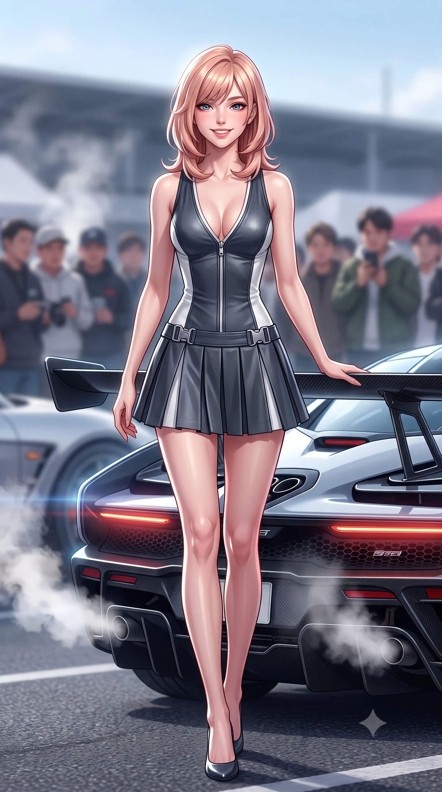 score_9, masterpiece, best quality, ultra-detailed, high-budget anime keyframe, semi-realistic 3D game render, editorial fashion photography, tasteful artistic composition, Japanese woman. low angle full-body shot from head to toe showing her feet, filling the entire 9:16 vertical frame with her statuesque presence, stretching her vertical silhouette. stepping forward gracefully across the paddock tarmac in mid-motion with a radiant beaming smile, hips swaying in an alluring kinetic rhythm that accentuates her curvy hourglass silhouette and long slender legs while sitting on the wide carbon rear wing of an exotic Japanese hypercar, arching her lower back with dangerous, smoldering racing queen allure. The background shows a soft-focus steaming exhausts and crowds of car enthusiasts softened in iconic Japanese car-culture shallow focus. She has an absolutely perfect, statuesque 8.5-heads proportion, an exceptionally tall and slender model-like female figure with impossibly long slender legs, an ultra-slim waist, a flat toned midriff, narrow delicate ribcage, and beautifully sculpted feminine hips creating a graceful, slim hourglass silhouette without any bulky heaviness. sharp v-shaped jawline, high-bridge nose, sparkling eyes with athletic focus and depth, thick curled eyelashes, glossy parted lips with a natural coral-peach sheen, bright confident and coquettish smile with alluring bedroom-eyes, exuding both youthful sporty vigor and sovereign high-society glamour, flawlessly proportioned anatomical accuracy, strict slender model proportions, natural body alignment, perfectly sculpted long slender limbs, ultra-slim waistline, clean dynamic posture without body distortion. wearing a deep V-neck knit tennis dress with an open-back scoop and knife-pleated skirt tracing her narrow waist and hips in speedway charcoal slate and optic white accents, crafted from supple buttery lambskin racing leather with a satin sheen, finished with polished chrome zipper pulls and racing harness buckle hardware, the glove-like aerodynamic silhouette tightly following the natural contour of her hips and long slender legs with youthful 8.5-heads elegance. illuminated by high-beam headlight flares and sharp chrome rim lights sculpting her razor-sharp jawline, narrow waist, and curvy hips. highly saturated vibrant anime colors, detailed shading with soft gradients, rich glossy textures, high-contrast stereoscopic depth, volumetric dynamic lighting, master piece, 9:16 ratio