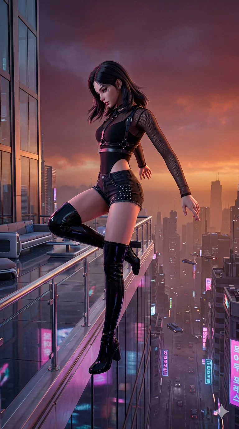score_9, masterpiece, best quality, ultra-detailed, semi-realistic 3D game render, high-fidelity textures, Unreal Engine 5 style, Korean anime girl. Mid-air action shot capturing a graceful twist and vertical silhouette. surveying a sprawling mega-city from a glass balcony under a smog sunset. She has an absolutely perfect 8-heads proportion, an exceptionally tall and slender female figure with an ultra-slim waist and impossibly long slender legs. strictly human anatomy, two legs only, no extra limbs, clearly defined legs and arms, perfect anatomy, perfect hands and fingers. sharp v-shaped jawline, high-bridge nose, intricate jewel-like eyes, thick eyelashes, glossy lips. Wearing K-Idol Stage: Leather harness over mesh, high-cut bodysuit, studded micro-shorts, and thigh-high patent boots. The scene is illuminated by dramatic atmospheric lighting and vibrant color palettes. , 2k, ultra detail, master piece, 9:16 ratio