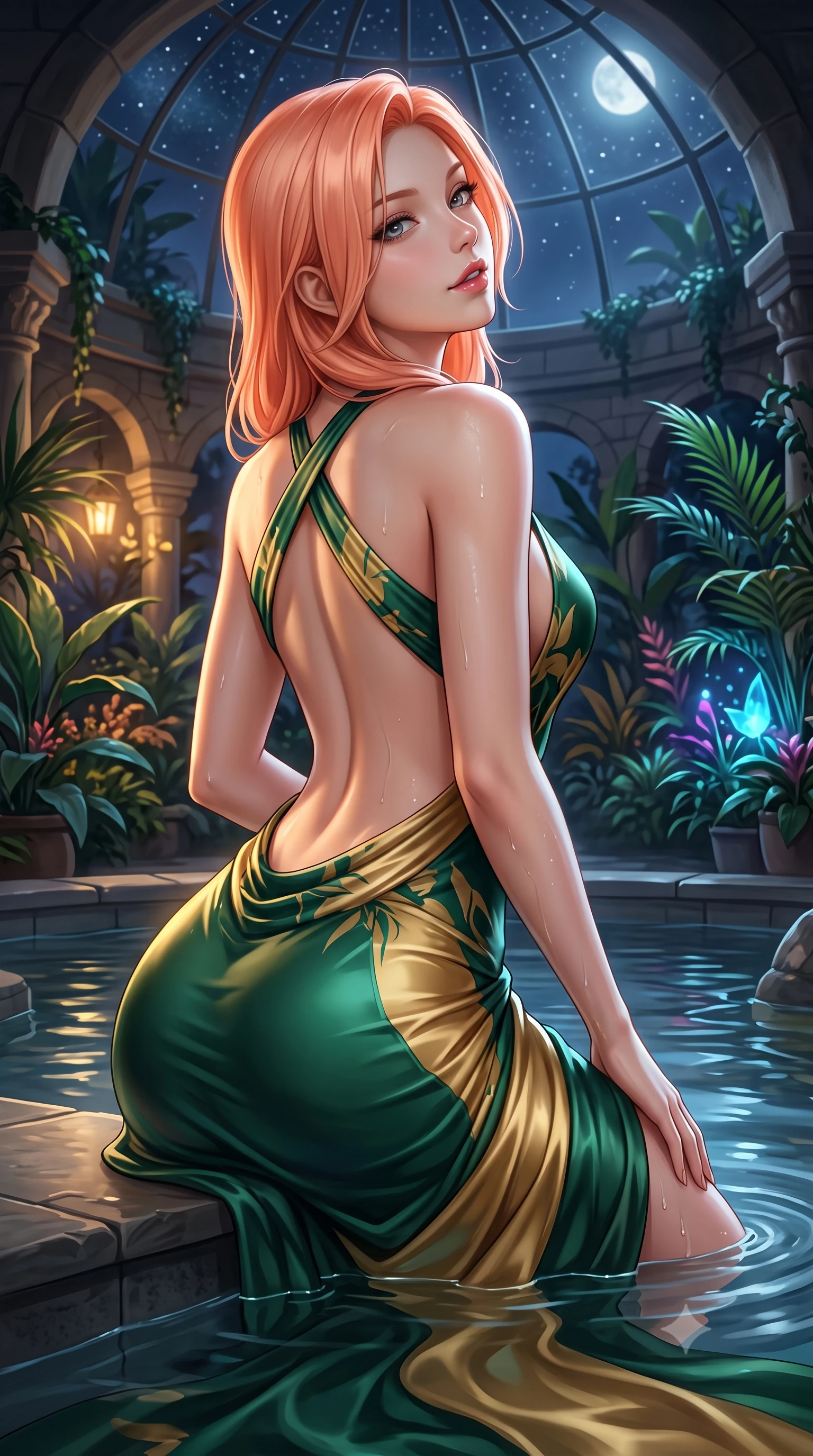 score_9, masterpiece, best quality, ultra-detailed, high-budget anime keyframe, semi-realistic 3D game render, editorial fashion photography, tasteful artistic composition, Japanese woman. close-up cowboy shot from the waist and thighs up, the character dominates the composition, filling the frame with her large presence. turning over a bare shoulder with an intoxicating, teasing smile, her soft hair framing her sharp jawline as her hips angle gracefully while resting on a submerged stone bench as warm water laps at her waist, head tilted back toward the starry glass dome with parted lips. The surrounding environment is rendered in vivid detail and crisp panoramic clarity. lush nocturnal greenhouse chiaroscuro and enchanted botanical sanctuary aesthetics in precision. She has an exceptionally elegant, slender, and willowy female figure with an ultra-slim waist, a gracefully sculpted slender torso, toned flat midriff, and rounded feminine hips creating an alluring hourglass silhouette. sharp v-shaped jawline, high-bridge nose, intricate jewel-like eyes with depth, thick eyelashes, glossy parted lips with a natural sheen, intensely captivating and seductive bedroom-eyes expression, flawlessly proportioned anatomical accuracy, strict slender model proportions, natural body alignment, perfectly sculpted long slender limbs, ultra-slim waistline, clean dynamic posture without body distortion. wearing an open-waist botanical print silk maxi gown with crossed halter straps and bare back in deep emerald green and polished brass gold, tailored from smooth liquid silk satin adhering seamlessly to her wet skin, finished with criss-cross back straps highlighting her graceful bare spine, the precision-cut side openings and low-back scoop framing her graceful spine and the sensual sweep of her hips. surrounded by an otherworldly, sensual, and exquisitely pure water-lily nymph aura. highly saturated vibrant anime colors, detailed shading with soft gradients, rich glossy textures, high-contrast stereoscopic depth, volumetric dynamic lighting, master piece, 9:16 ratio