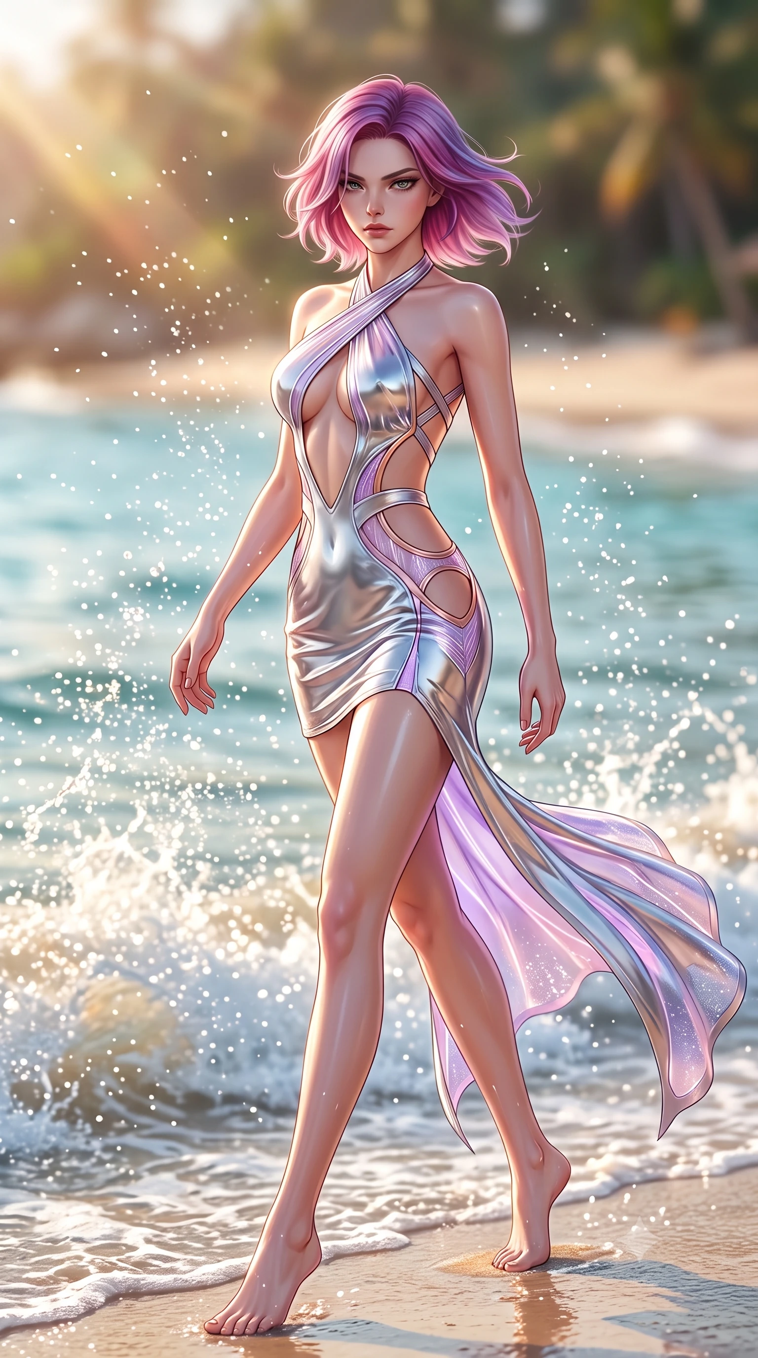 score_9, masterpiece, best quality, ultra-detailed, high-budget anime keyframe, semi-realistic 3D game render, editorial fashion photography, tasteful artistic composition, Caucasian woman. low angle full-body shot from head to toe showing her feet, filling the entire 9:16 vertical frame with her statuesque presence, stretching her vertical silhouette. striding forward in a proud, statuesque motion with a dangerous smolder, her vertical silhouette dominating the frame from head to toe while pivoting in mid-stride along the water edge as bright tropical sea spray sparkles in mid-air. The composition keeps background elements in soft focus with creamy bokeh. warm tropical sunbeams refracting through sea spray into a soft, glowing backdrop. She has an absolutely perfect, statuesque 8.5-heads proportion, an exceptionally tall and slender model-like female figure with impossibly long slender legs, a toned flat midriff, and an ultra-slim waist. sharp v-shaped jawline, high-bridge nose, intricate jewel-like eyes with depth, thick eyelashes, glossy lips with a natural sheen, flawlessly proportioned anatomical accuracy, strict slender model proportions, natural body alignment, perfectly sculpted long slender limbs, ultra-slim waistline, clean dynamic posture without body distortion. wearing a molten silver liquid-metal mini dress featuring deep side-waist cutouts and a daring crossover halter neckline in luminous lavender violet and rose gold, tailored from semi-translucent cybernetic vinyl with glowing micro-filaments, complemented by criss-cross back straps highlighting her completely bare spine, the form-contouring material adhering flawlessly to her sculpted flat midriff and slender torso, emphasizing her long leg lines and perfectly proportioned willowy build. surrounded by a fresh, sun-soaked, and breathtakingly sensual tropical paradise ambiance. highly saturated vibrant anime colors, detailed shading with soft gradients, rich glossy textures, high-contrast stereoscopic depth, volumetric dynamic lighting, master piece, 9:16 ratio