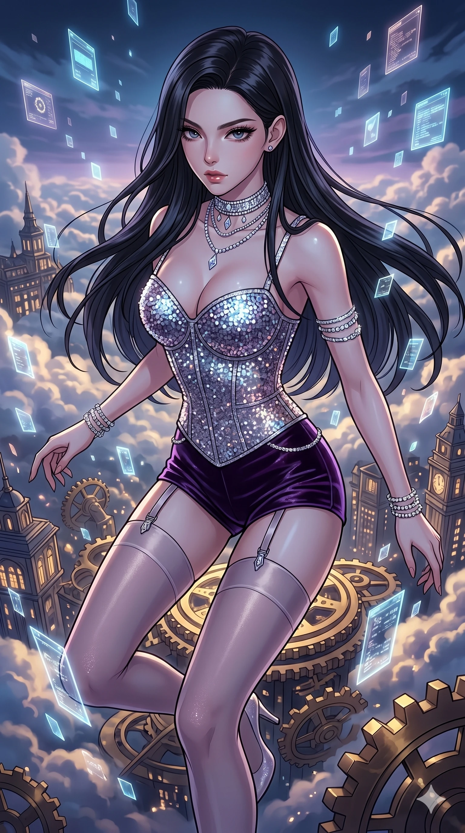 score_9, masterpiece, best quality, ultra-detailed, high-budget anime movie keyframe, cinematic anime lighting, intricate line art, Caucasian (strictly human ears) woman. Upper body filling screen focusing on her alluring features and slim-fit silhouette. navigating a sea of clouds in a clockwork heart of a city surrounded by floating data-shards. She has an absolutely perfect 8-heads proportion, an exceptionally tall and slender female figure with an ultra-slim waist and impossibly long slender legs. sharp v-shaped jawline, high-bridge nose, intricate jewel-like eyes, thick eyelashes, glossy lips. Wearing luxurious K-pop idol stage outfit featuring a sparkling sequined corset, high-cut velvet shorts, and sheer silk stockings with garter belts, accessorized with crystal chokers. The scene is illuminated by dramatic atmospheric lighting and vibrant color palettes. , 2k, ultra detail, master piece, 9:16 ratio