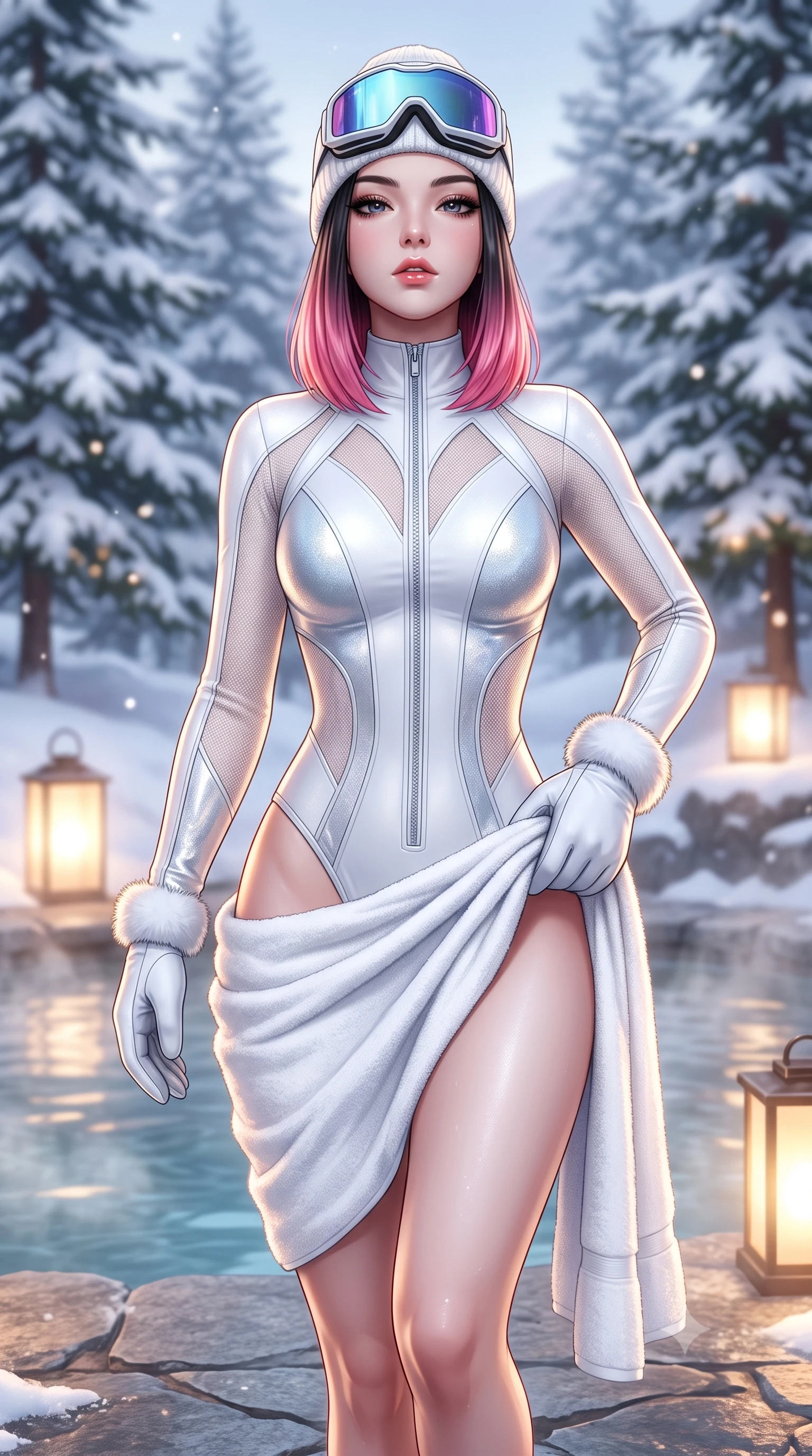score_9, masterpiece, best quality, ultra-detailed, high-budget anime keyframe, semi-realistic 3D game render, editorial fashion photography, tasteful artistic composition, Korean woman. close-up cowboy shot from the waist and thighs up, the character dominates the composition, filling the frame with her large presence. tilting her chin up with proud, sovereign allure while gazing through thick eyelashes with an irresistible, dangerous bedroom-gaze while stepping out onto the heated stone pool deck, wrapping a plush towel around her waist with effortless supermodel poise. The composition keeps background elements in soft focus with creamy bokeh. snow-covered cedar pines and glowing outdoor lanterns softened in dreamy shallow focus. She has an exceptionally elegant, slender, and willowy female figure with an ultra-slim waist, a gracefully sculpted slender torso, toned flat midriff, and a refined slim silhouette. sharp v-shaped jawline, high-bridge nose, intricate jewel-like eyes with depth, thick eyelashes, glossy parted lips with a natural sheen, intensely captivating and seductive expression, flawlessly proportioned anatomical accuracy, strict slender model proportions, natural body alignment, perfectly sculpted long slender limbs, ultra-slim waistline, clean dynamic posture without body distortion. wearing a cutout polar techwear bodysuit with sheer thermal mesh panels and snow gaiter boots in pure glacier white and shimmering silver, crafted from shimmering metallic lamé reflecting frost like crushed ice, accessorized with mirrored ice-glare goggles resting on her beanie and fur mittens, the snug thermal second-skin fit accentuating her razor-sharp statuesque lines and slim hourglass silhouette amidst the cold snow. surrounded by an intimate, tranquil, and deeply sensual mountain onsen muse aura. highly saturated vibrant anime colors, detailed shading with soft gradients, rich glossy textures, high-contrast stereoscopic depth, volumetric dynamic lighting, master piece, 9:16 ratio