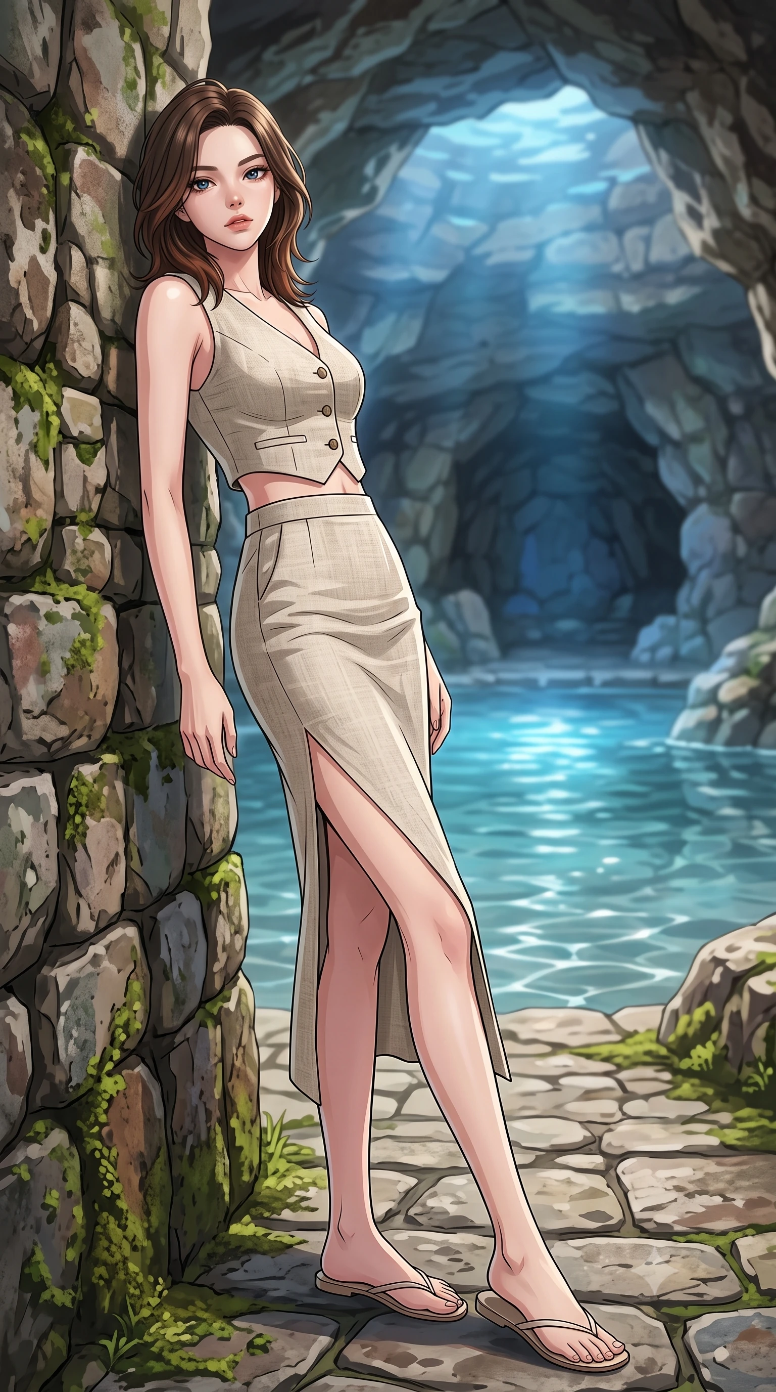 score_9, masterpiece, best quality, ultra-detailed, high-budget anime keyframe, tasteful artistic composition, Korean woman. low angle full-body shot from head to toe showing her feet, filling the entire 9:16 vertical frame with her statuesque presence, stretching her vertical silhouette. leaning back against a rustic stone wall, casting a slow, alluring gaze at the camera the background shows a soft-focus a private stone bath pool built inside a natural rock cave with clear mineral water. She has an absolutely perfect, statuesque 8.5-heads proportion, an exceptionally tall and slender model-like female figure with impossibly long slender legs and an ultra-slim waist. sharp v-shaped jawline, high-bridge nose, intricate jewel-like eyes with depth, thick eyelashes, glossy lips with a natural sheen. wearing a tailored tailored vacation outfit of a linen crop vest and a matching side-slit midi skirt, revealing a subtle waist cutout. soft blue light reflecting from the pool water onto the rocky cave ceiling. highly saturated vibrant anime colors, cel-shading, 2d style, master piece, 9:16 ratio