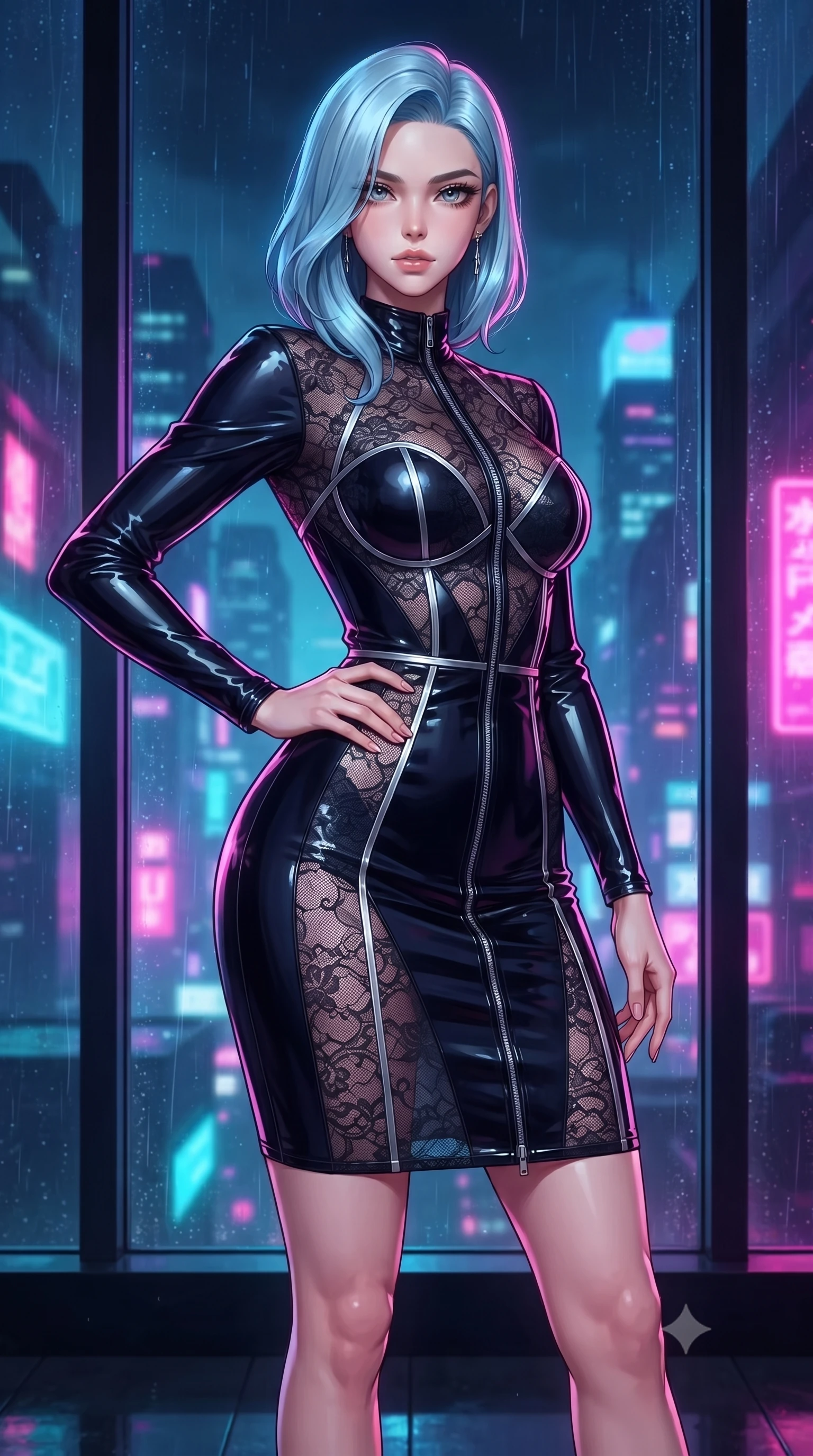 score_9, masterpiece, best quality, ultra-detailed, high-budget anime keyframe, editorial fashion photography, tasteful artistic composition, Korean woman. close-up cowboy shot from the waist and thighs up, the character dominates the composition, filling the frame with her large presence, background elements kept in soft focus. Holding a confident power pose with one hand on her hip, poised near a rain-streaked panoramic window looking out over a neon metropolis, glove-like fit liquid vinyl dress highlighting her ultra-slim waist. She has an exceptionally elegant, slender, and willowy female figure with an ultra-slim waist, a gracefully sculpted slender torso, and a refined silhouette. sharp v-shaped jawline, high-bridge nose, intricate jewel-like eyes with depth, thick eyelashes, glossy lips with a natural sheen. wearing sheer midnight lace overlay bodysuit with delicate sheer cutouts in pearl white, made of sheer dark organza overlay, finished with metallic silver boning and sleek zipper points, following her slender form with tailored precision. surrounded by a moody neon glow with sharp edge highlights on dark vinyl. highly saturated vibrant anime colors, detailed shading with soft gradients, rich glossy textures, high-contrast stereoscopic depth, volumetric dynamic lighting, master piece, 9:16 ratio