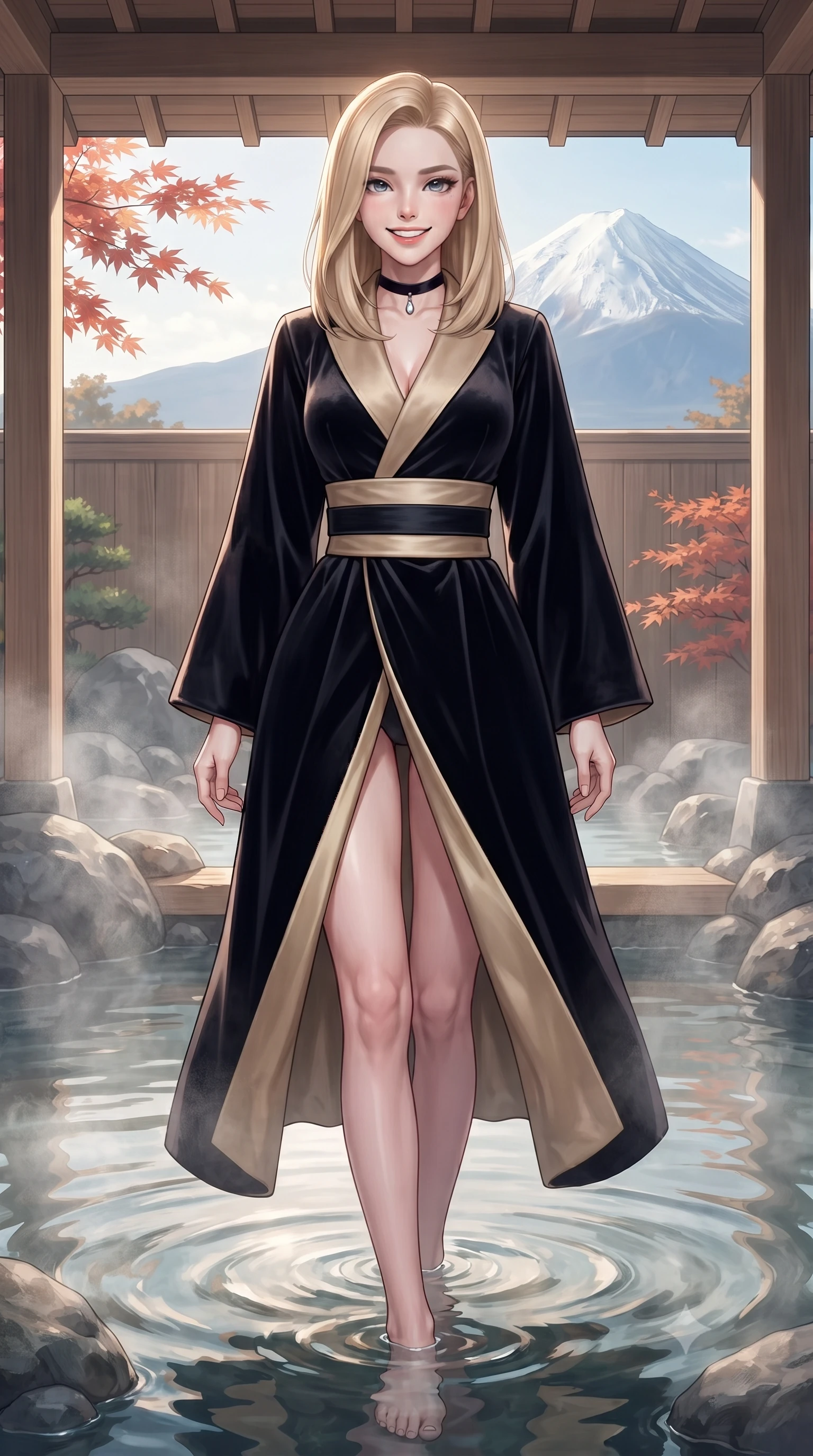 score_9, masterpiece, best quality, ultra-detailed, high-budget anime keyframe, editorial fashion photography, tasteful artistic composition, Korean woman. low angle full-body shot from head to toe showing her feet, filling the entire 9:16 vertical frame with her statuesque presence, stretching her vertical silhouette. stepping slowly toward the camera with hypnotic grace, hips swaying in an alluring sensual rhythm that accentuates her curvy hourglass silhouette and long slender legs while lounging in the steaming onsen bath with water lapping at her waist and legs extended, displaying her long slender limbs and statuesque hourglass silhouette against Fuji-san. The surrounding environment is rendered in vivid detail and crisp panoramic clarity: sharp natural hinoki wood grain, smooth river stone masonry of the bath, and delicate Japanese maple leaf veins in deep focus. She has an exceptionally tall and slender model-like 8.5-heads proportion, an ultra-slim waist, a flat toned midriff, narrow delicate ribcage, and beautifully sculpted feminine hips creating a graceful, slim hourglass silhouette without any bulky heaviness, with impossibly long slender legs. sharp v-shaped jawline, high-bridge nose, intricate jewel-like sparkling eyes with depth, thick eyelashes, glossy parted lips with a natural peach sheen, bright cheerful beaming smile with an enchanting and coquettish sensual glint, exuding both youthful cute charm and seductive allure, flawlessly proportioned anatomical accuracy, strict slender model proportions, natural body alignment, perfectly sculpted long slender limbs, ultra-slim waistline, clean dynamic posture without body distortion. wearing a bespoke Japanese minimalist silk kimono-collar structured trench coat with obi sash belt in deep midnight obsidian black and champagne gold, tailored from ultra-plush silk velvet with rich tactile depth and deep shadow gradients, finished with a thin velvet ribbon choker and a single teardrop diamond pendant, the impeccably tailored cut draping gracefully along her slender figure with aristocratic poise. illuminated by onsen water reflection bounce and sharp platinum-gold rim lights sculpting her razor-sharp jawline, narrow waist, and curvy hips. ultra-reflective glossy finish, specular highlights, rich textural contrasts, high-contrast stereoscopic depth, volumetric dynamic lighting, 2k, ultra detail, master piece, 9:16 ratio