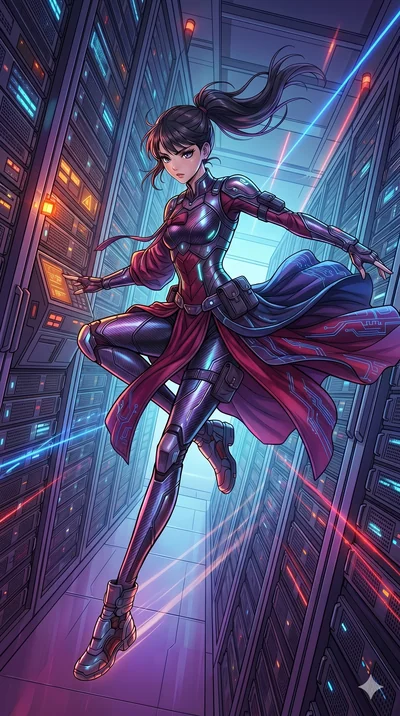 A cinematic anime keyframe of a character gracefully leaping through a futuristic data center with rows of glowing server racks. The character wears a modern fusion of traditional silk robes and tactical tech-wear. Dramatic atmospheric lighting with 