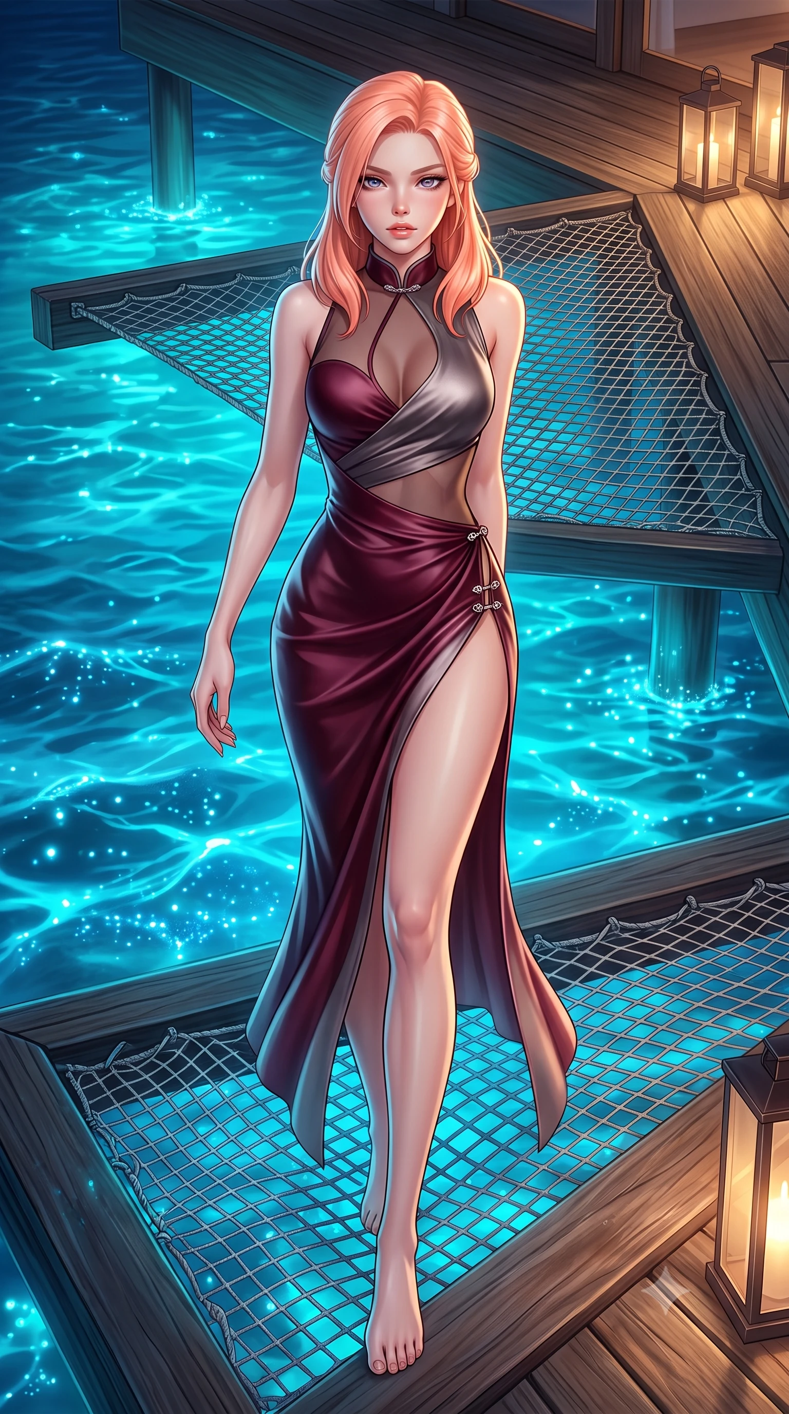score_9, masterpiece, best quality, ultra-detailed, high-budget anime keyframe, semi-realistic 3D game render, editorial fashion photography, tasteful artistic composition, Japanese woman. low angle full-body shot from head to toe showing her feet, filling the entire 9:16 vertical frame with her statuesque presence, stretching her vertical silhouette. striding forward in a proud supermodel runway stride, hips swaying in an alluring kinetic rhythm that accentuates her curvy hourglass silhouette while reclining across the suspended overwater net hammock hovering inches above glowing blue bioluminescent waves, arching her spine with seductive tropical grace. The surrounding environment is rendered in vivid detail and crisp panoramic clarity. sharp catamaran net mesh texture, bioluminescent water sparkle points, and weathered teak wood planks in deep focus. She has an exceptionally tall and slender model-like 8.5-heads proportion, an ultra-slim waist, a flat toned midriff, narrow delicate ribcage, and beautifully sculpted feminine hips creating a graceful, slim hourglass silhouette without any bulky heaviness, with impossibly long slender legs. sharp v-shaped jawline, high-bridge nose, intricate jewel-like eyes with depth, thick eyelashes, glossy parted lips with a natural sheen, intensely captivating and seductive bedroom-eyes expression, flawlessly proportioned anatomical accuracy, strict slender model proportions, natural body alignment, perfectly sculpted long slender limbs, ultra-slim waistline, clean dynamic posture without body distortion. wearing a wet-look silk fusion wrap dress with asymmetrical sheer mesh cutouts and high Mandarin collar in deep wine burgundy and brushed dark platinum, tailored from ultra-smooth duchess satin with a pearlescent sheen, finished with an ultra-high side slit secured by miniature jeweled clasps, the second-skin form-contouring cut accentuating her sculpted flat midriff, narrow delicate ribcage, and gracefully curvy hips with supermodel precision. bathed in ethereal turquoise bioluminescent uplights from the water below and soft warm villa deck lanterns. highly saturated vibrant anime colors, detailed shading with soft gradients, rich glossy textures, high-contrast stereoscopic depth, volumetric dynamic lighting, master piece, 9:16 ratio