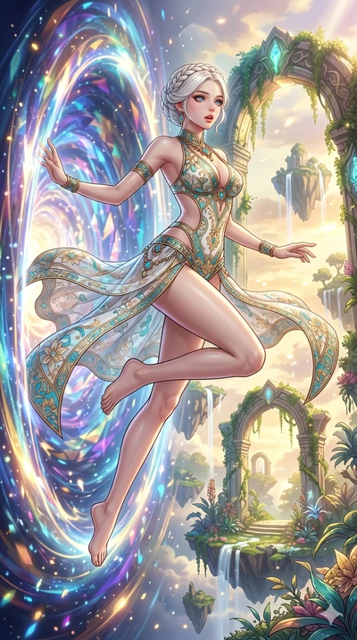 score_9, masterpiece, best quality, ultra-detailed, Set C: High-budget Anime Keyframe, Korean woman. Low angle cowboy shot filling the entire 9:16 frame with her statuesque presence. Leaping through a portal of swirling light and color into a celesti
