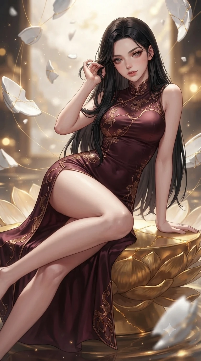 score_9, masterpiece, best quality, ultra-detailed, high-budget anime keyframe, editorial fashion photography, tasteful artistic composition, Korean woman. close-up cowboy shot from the waist and thighs up, the character dominates the composition, filling the frame with her large presence. gently brushing a lock of hair behind her ear while casting a playful, flirtatious side-gaze with long eyelashes while lounging gracefully across the gilded lotus dais propped on one elbow with legs extended, displaying her long slender limbs and statuesque hourglass silhouette against the celestial porcelain matrix. The background shows a soft-focus floating white porcelain fragments bound by golden light threads, shimmering liquid gold ripples, and distant temple incense blurred into gold, ivory, and amber bokeh. She has an exceptionally elegant, slender, and willowy female figure with an ultra-slim waist, flat toned midriff, narrow ribcage, and sculpted feminine hips creating an alluring, slim hourglass silhouette without bulk. sharp v-shaped jawline, high-bridge nose, intricate jewel-like sparkling eyes with depth, thick eyelashes, glossy parted lips with a natural peach sheen, bright cheerful beaming smile with an enchanting and coquettish sensual glint, exuding both youthful cute charm and seductive allure, flawlessly proportioned anatomical accuracy, strict slender model proportions, natural body alignment, perfectly sculpted long slender limbs, ultra-slim waistline, clean dynamic posture without body distortion. wearing a form-contouring gossamer silk chiffon slip dress with a hip-high slit and open cowl back clinging with dewy moisture in deep burgundy and bronze accents, woven from buttery-soft stretch lambskin leather adhering to her body like a second skin, finished with scalloped eyelash lace trim framing her sweetheart neckline with intimate elegance, the liquid-tight tailored fabric clinging flawlessly to her narrow waist and rounded feminine hips, emphasizing every millimeter of her sculpted slim hourglass curves without any bulky heaviness. bathed in the majestic warm 2600K inner radiance of golden kintsugi veins mixed with soft ambient temple lantern light. ultra-reflective glossy finish, specular highlights, rich textural contrasts, high-contrast stereoscopic depth, volumetric dynamic lighting, 2k, ultra detail, master piece, 9:16 ratio