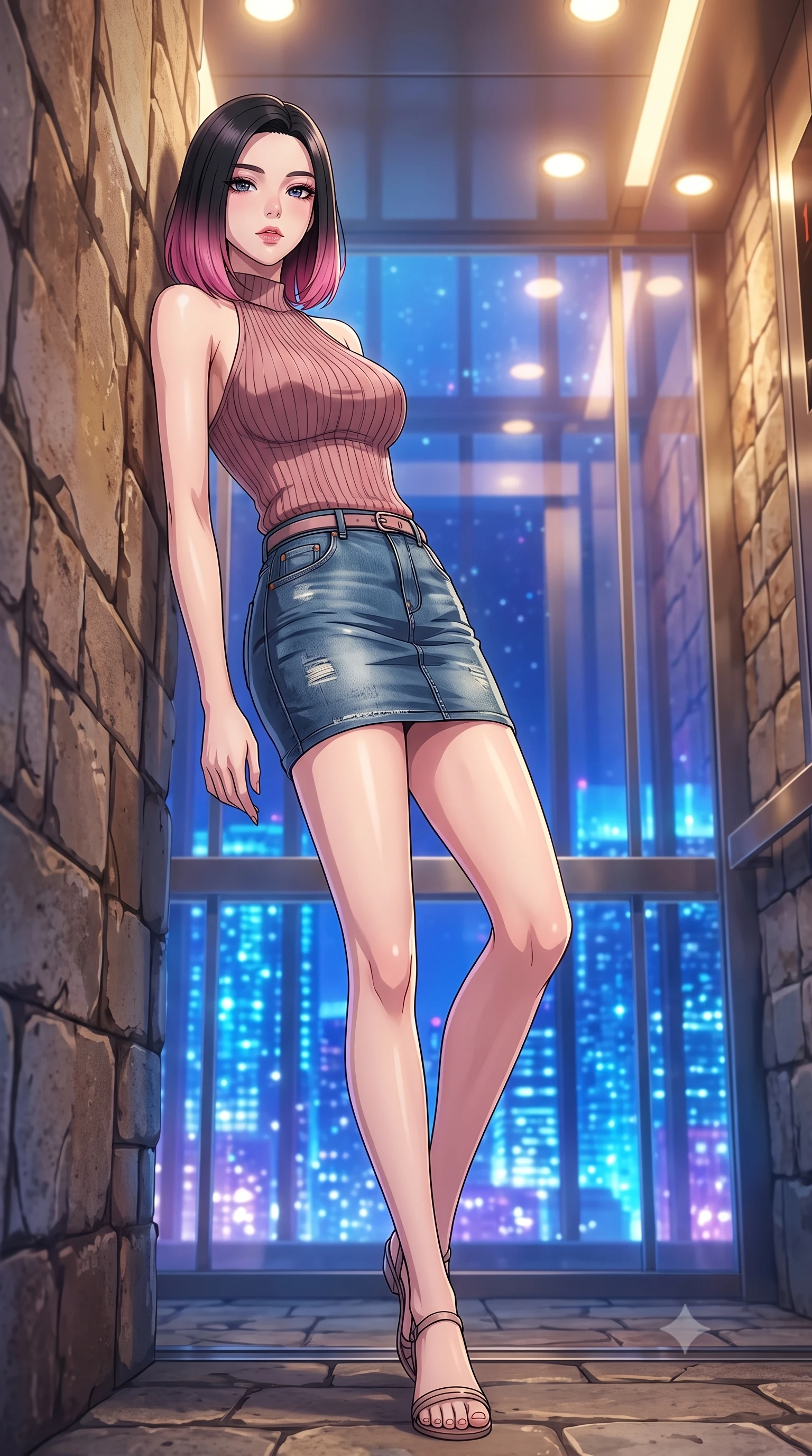 score_9, masterpiece, best quality, ultra-detailed, high-budget anime keyframe, tasteful artistic composition, Korean woman. low angle full-body shot from head to toe showing her feet, filling the entire 9:16 vertical frame with her statuesque presence, stretching her vertical silhouette. leaning back against a rustic stone wall, casting a slow, alluring gaze at the camera the background shows a soft-focus a high-rise vehicle elevator with glass walls showing the city lights below. She has an absolutely perfect, statuesque 8.5-heads proportion, an exceptionally tall and slender model-like female figure with impossibly long slender legs and an ultra-slim waist. sharp v-shaped jawline, high-bridge nose, intricate jewel-like eyes with depth, thick eyelashes, glossy lips with a natural sheen. wearing a form-contouring form-fitting ribbed knit halter top in dusty rose, paired with a tight-fitting denim skirt. glittering blue and violet city skyline lights contrasting with warm elevator lights. highly saturated vibrant anime colors, cel-shading, 2d style, master piece, 9:16 ratio