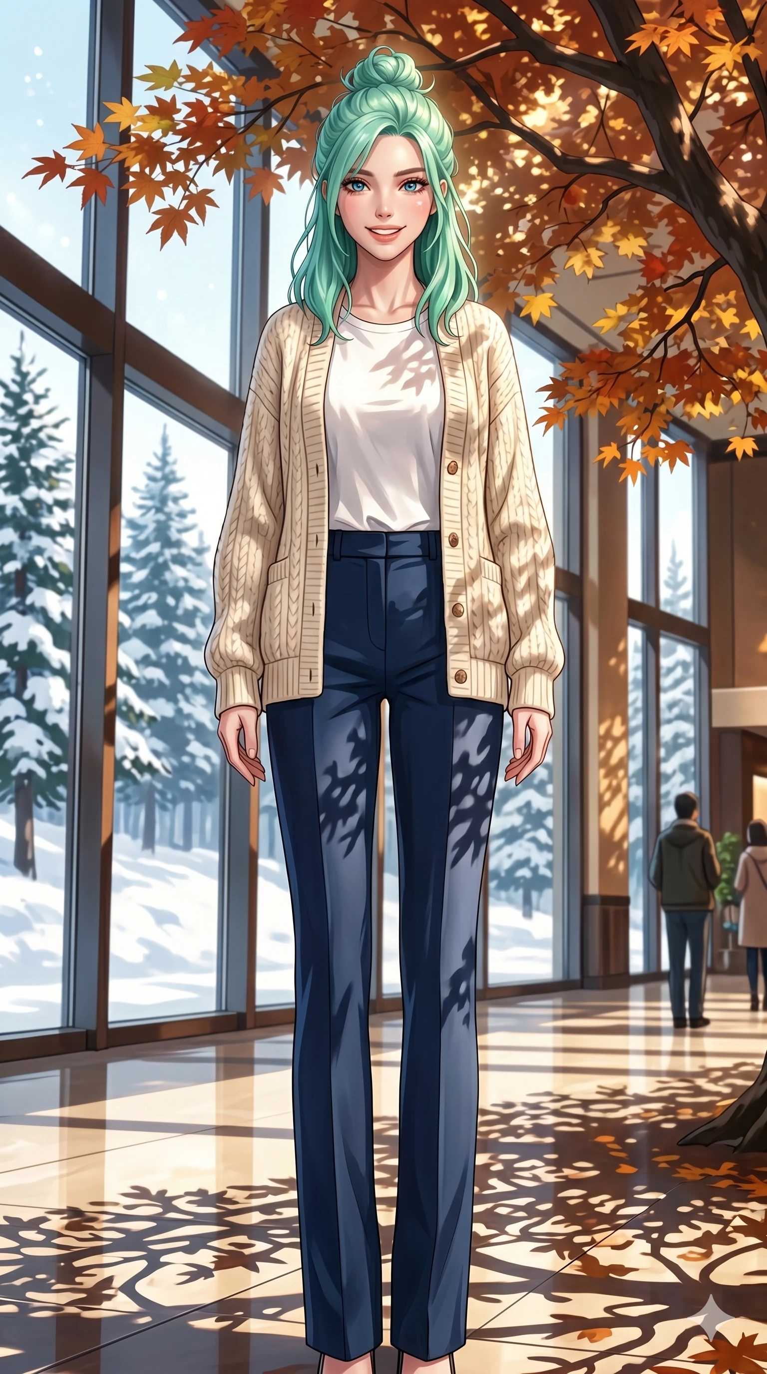 score_9, masterpiece, best quality, ultra-detailed, high-budget anime keyframe, vibrant anime aesthetic, Japanese woman. low angle full-body shot from head to toe showing her feet, filling the entire 9:16 vertical frame with her statuesque presence, stretching her vertical silhouette. She is standing with a confident posture, her face lit up by a warm and lively smile inside a bright resort lobby with large floor-to-ceiling windows showing a snowy pine forest (Code-P21-005). She has an absolutely perfect 8-heads proportion, an exceptionally tall and slender female figure with impossibly long slender legs and an ultra-slim waist. V-shaped jawline, high-bridge nose, intricate jewel-like eyes with depth, thick eyelashes, glossy lips with a natural sheen. wearing a cozy thick-knit cardigan over a cotton tee and straight-leg trousers. She is bathed in dappled sunlight filtering through autumn maples, creating organic shadows. 2k, ultra detail, master piece, 9:16 ratio